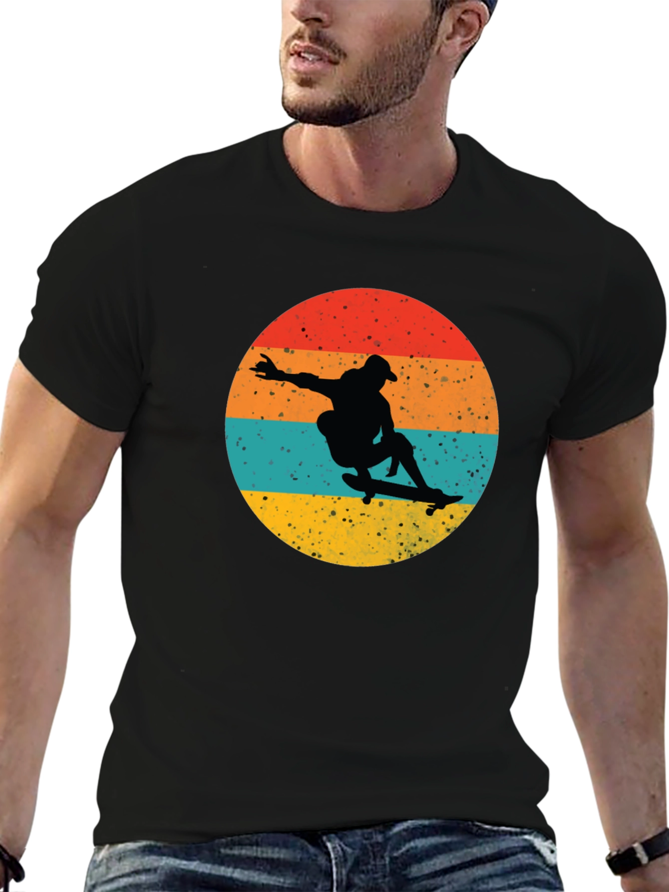 Retro Skateboarder Graphic Tee - Black Cotton