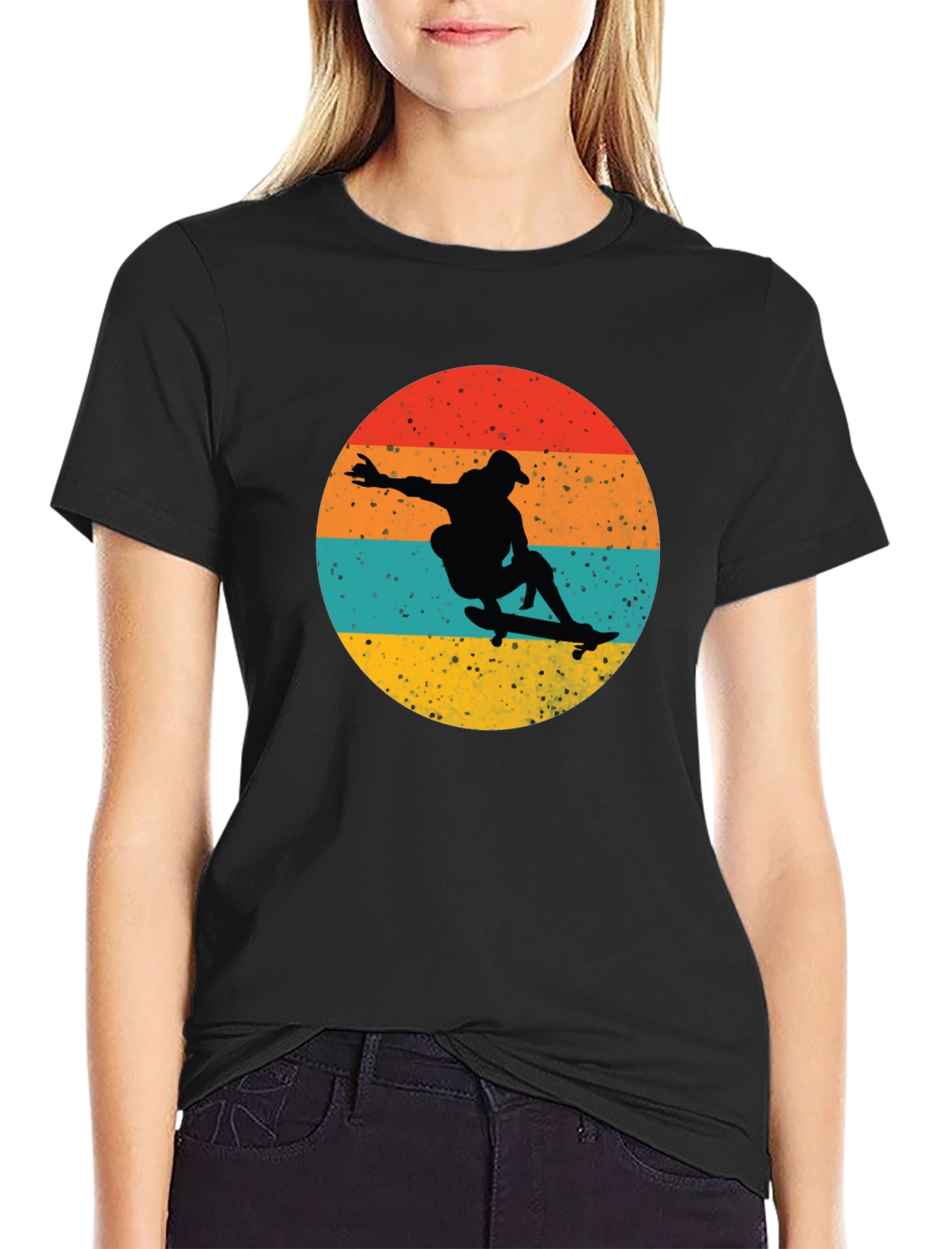 Retro Skateboarder Graphic Tee - Black Cotton