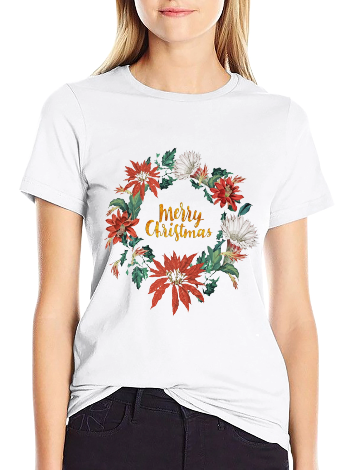 Merry Christmas Floral Wreath T-Shirt