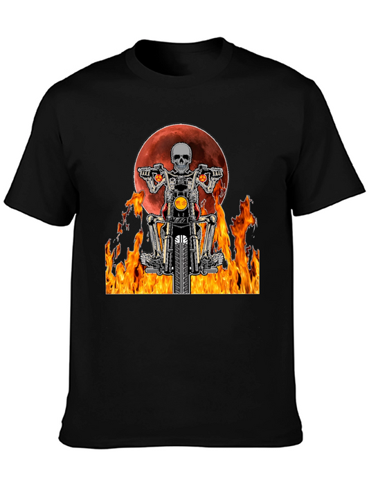 Skeleton Rider Graphic Tee - Fiery Motorcycle Design