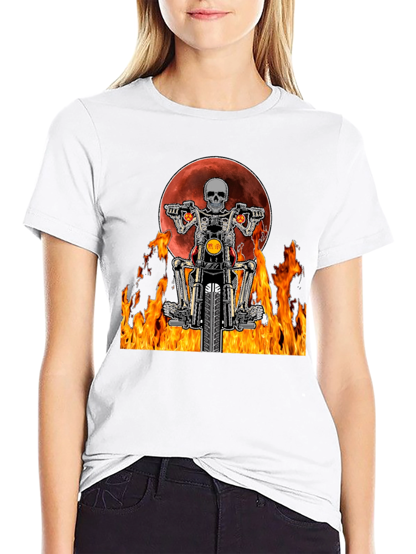 Skeleton Rider Graphic Tee - Fiery Motorcycle Design