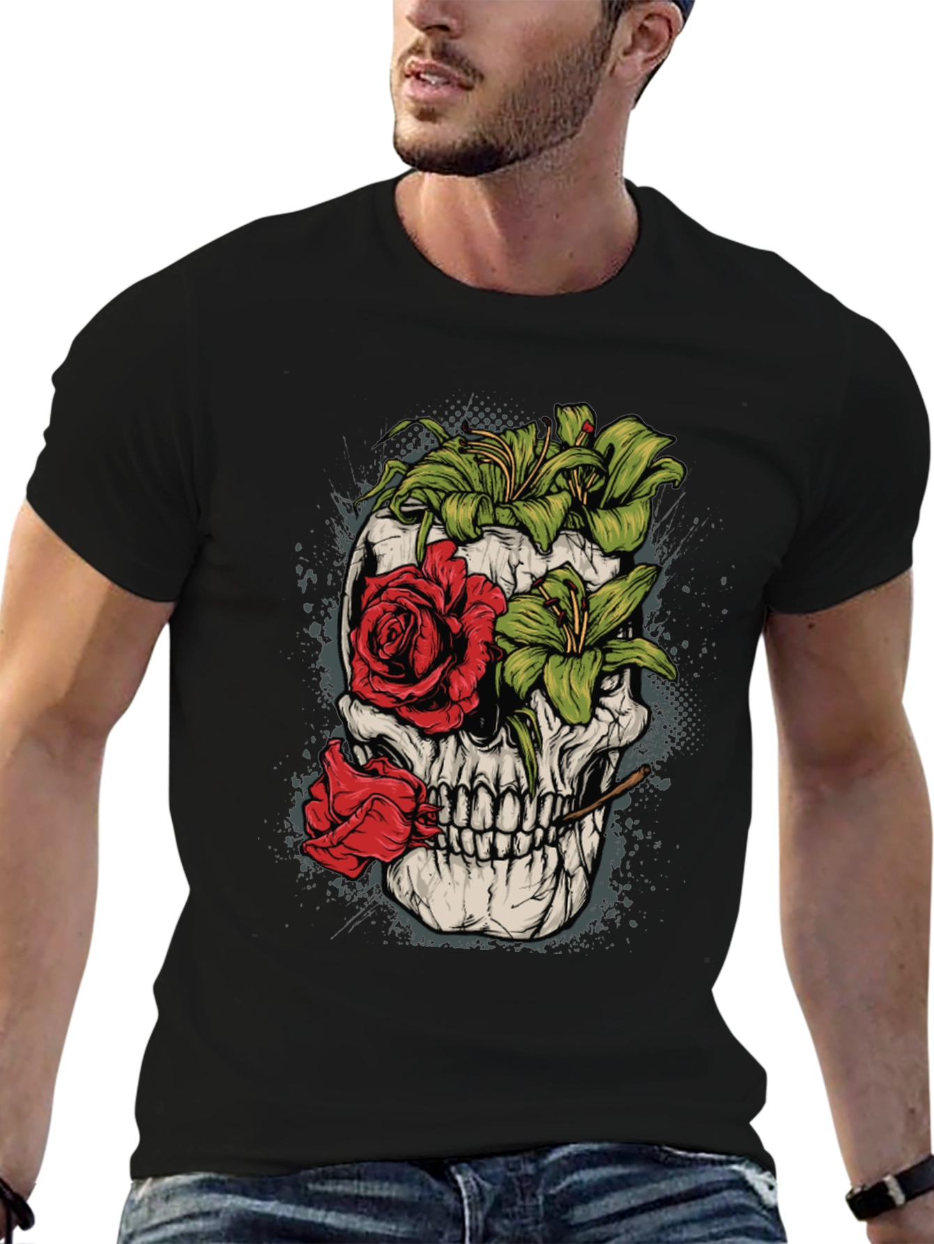 Floral Skull Graphic Tee - Mens Black T-Shirt