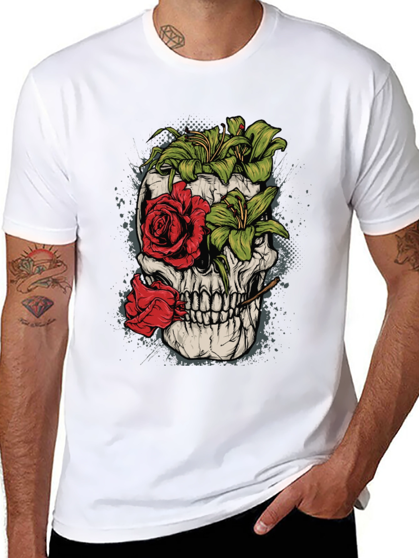 Floral Skull Graphic Tee - Mens Black T-Shirt