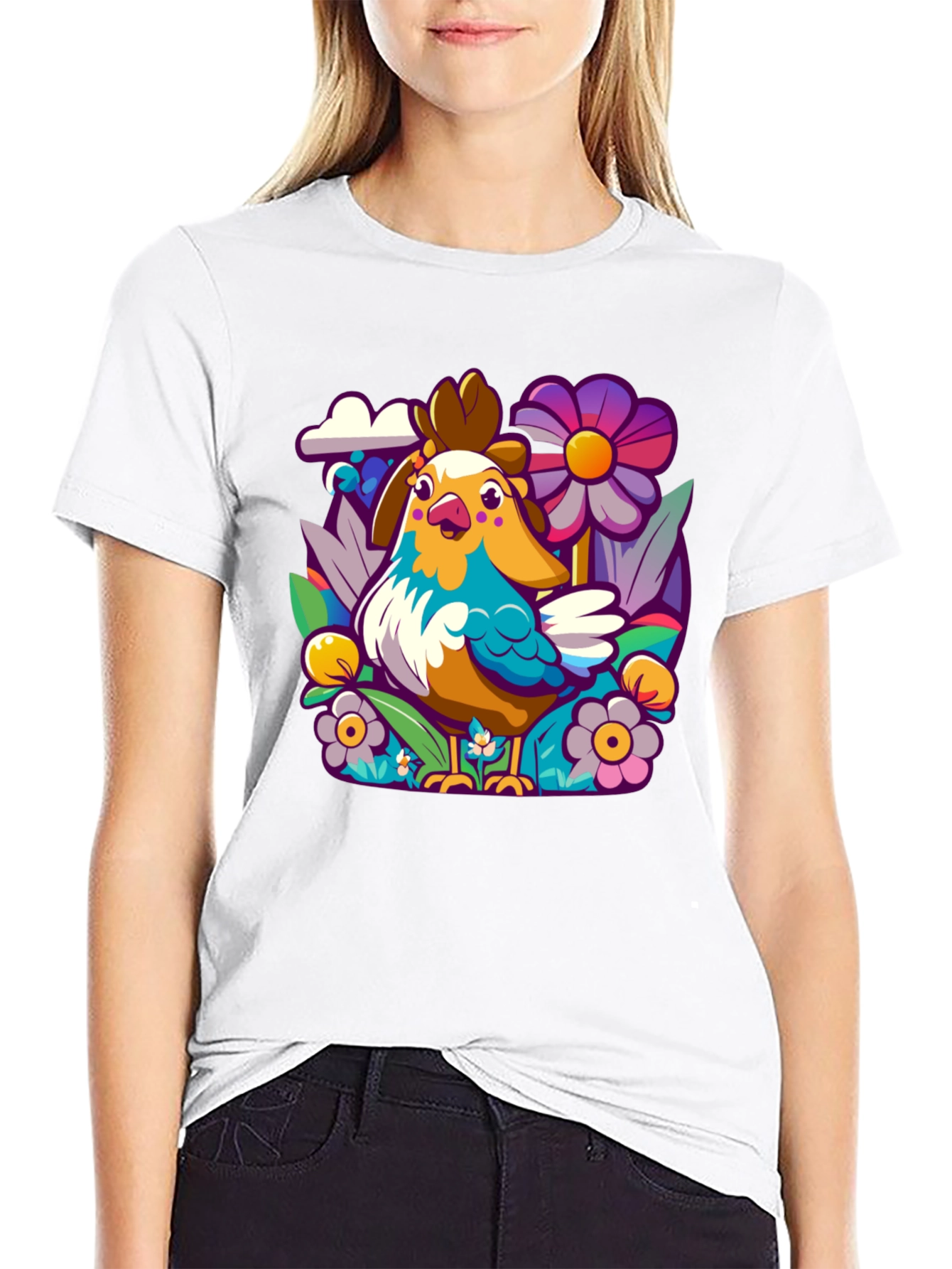 Cartoon Chicken & Floral T-Shirt - Unisex