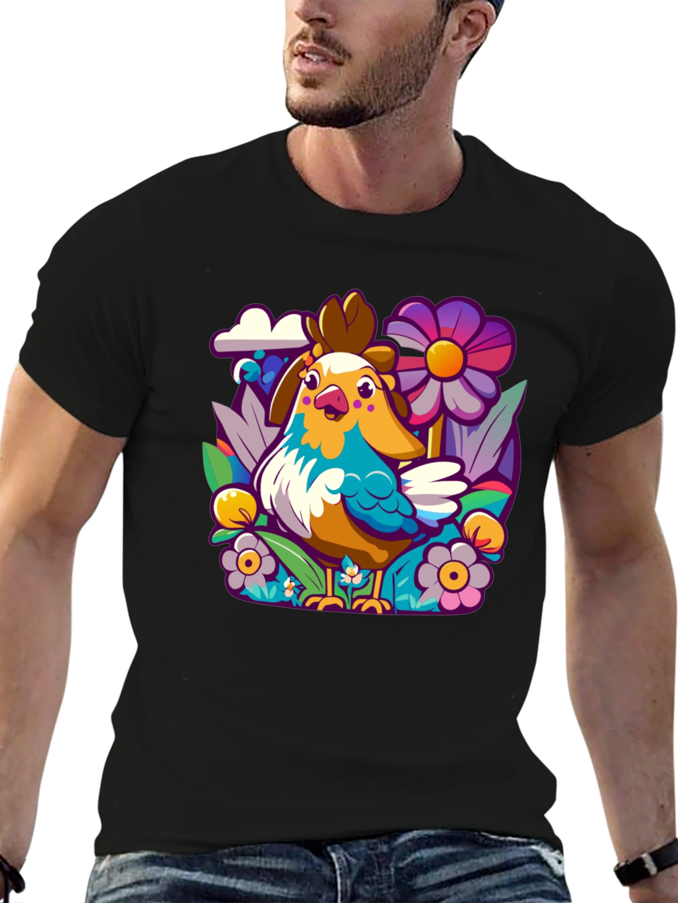 Cartoon Chicken & Floral T-Shirt - Unisex