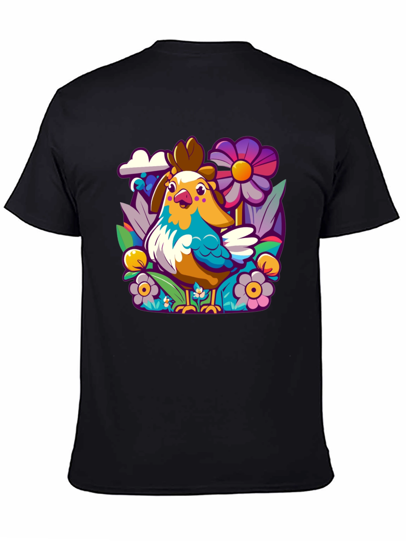Cartoon Chicken & Floral T-Shirt - Unisex