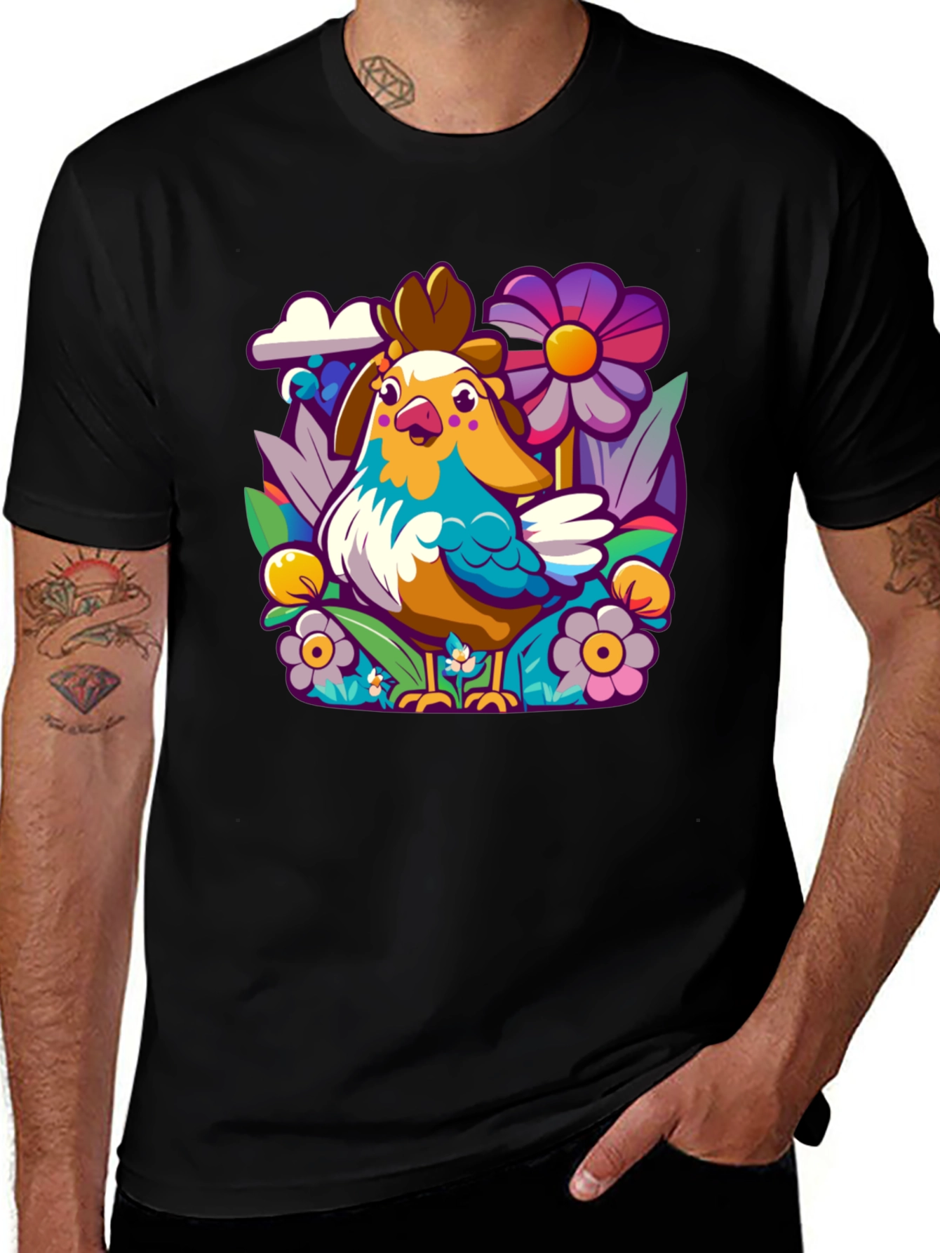 Cartoon Chicken & Floral T-Shirt - Unisex