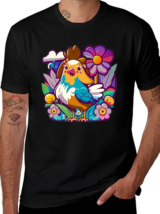 Cartoon Chicken & Floral T-Shirt - Unisex