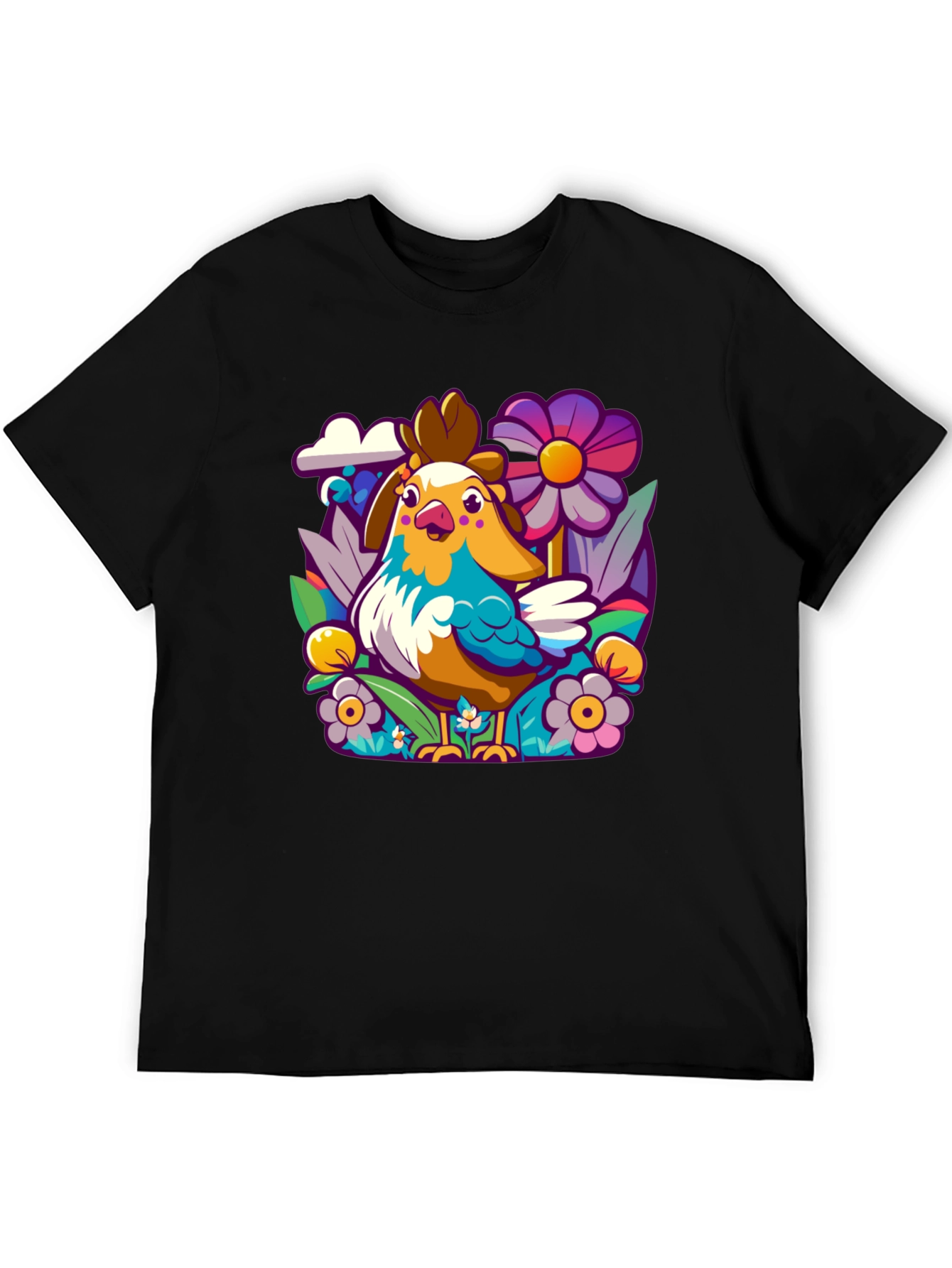 Cartoon Chicken & Floral T-Shirt - Unisex