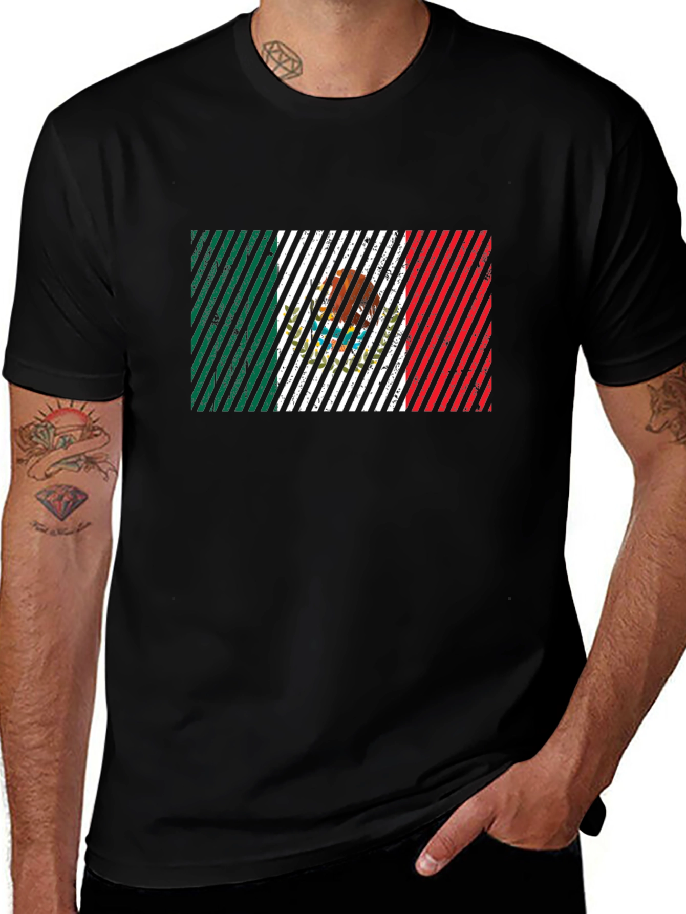 Mens Black T-Shirt with Mexico Flag Graphic