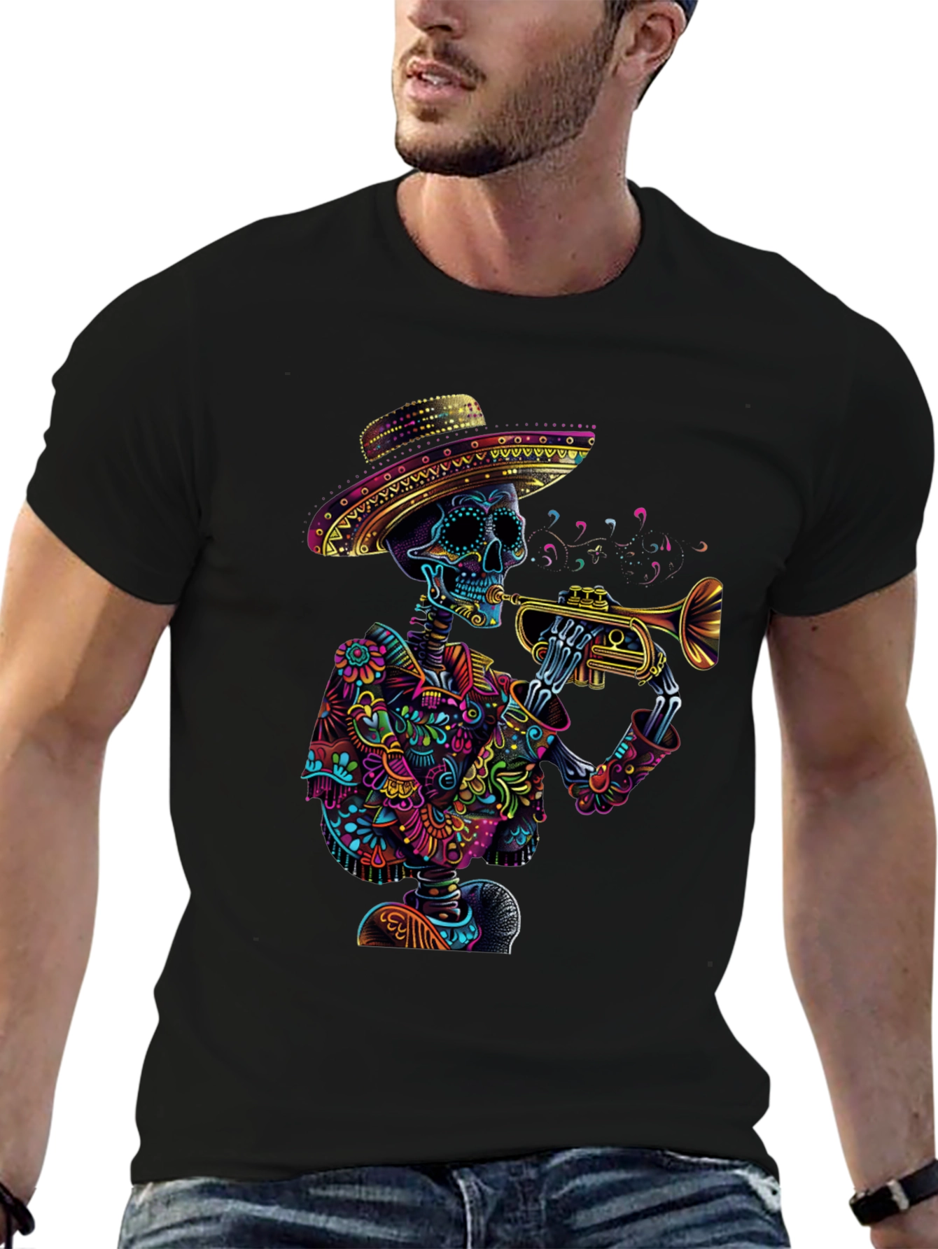 Day of the Dead Skeleton Trumpet Graphic Tee