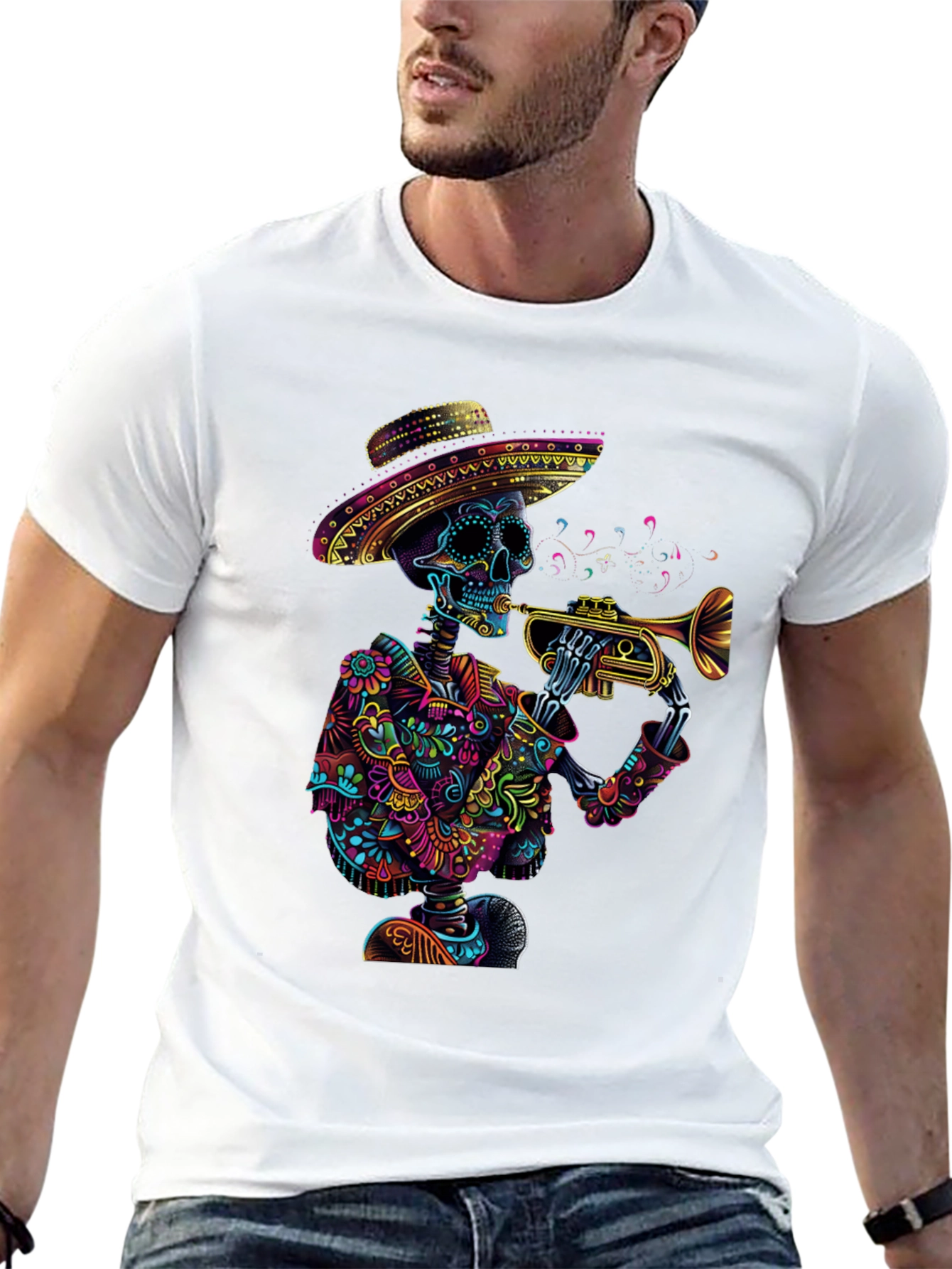 Day of the Dead Skeleton Trumpet Graphic Tee