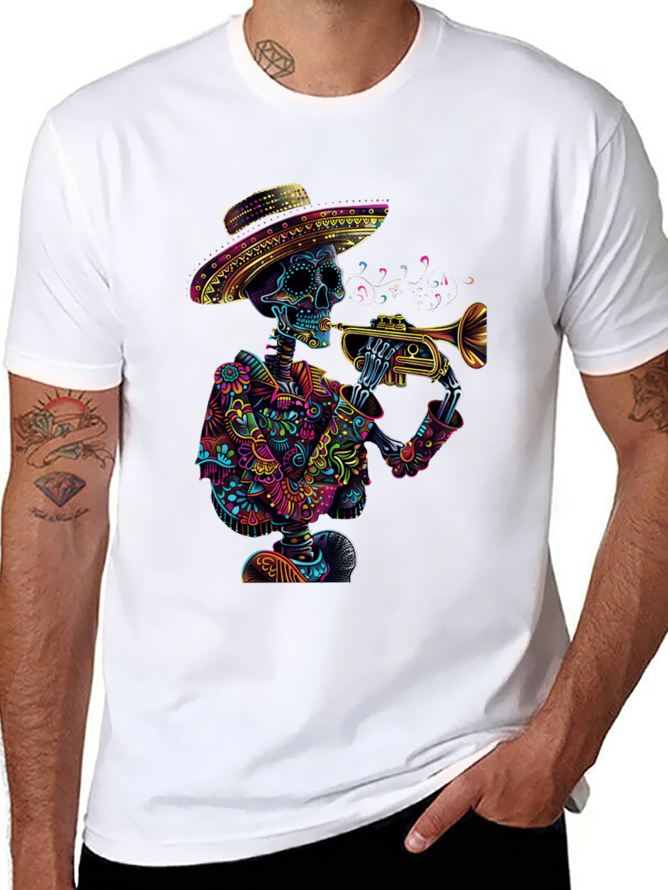 Day of the Dead Skeleton Trumpet Graphic Tee