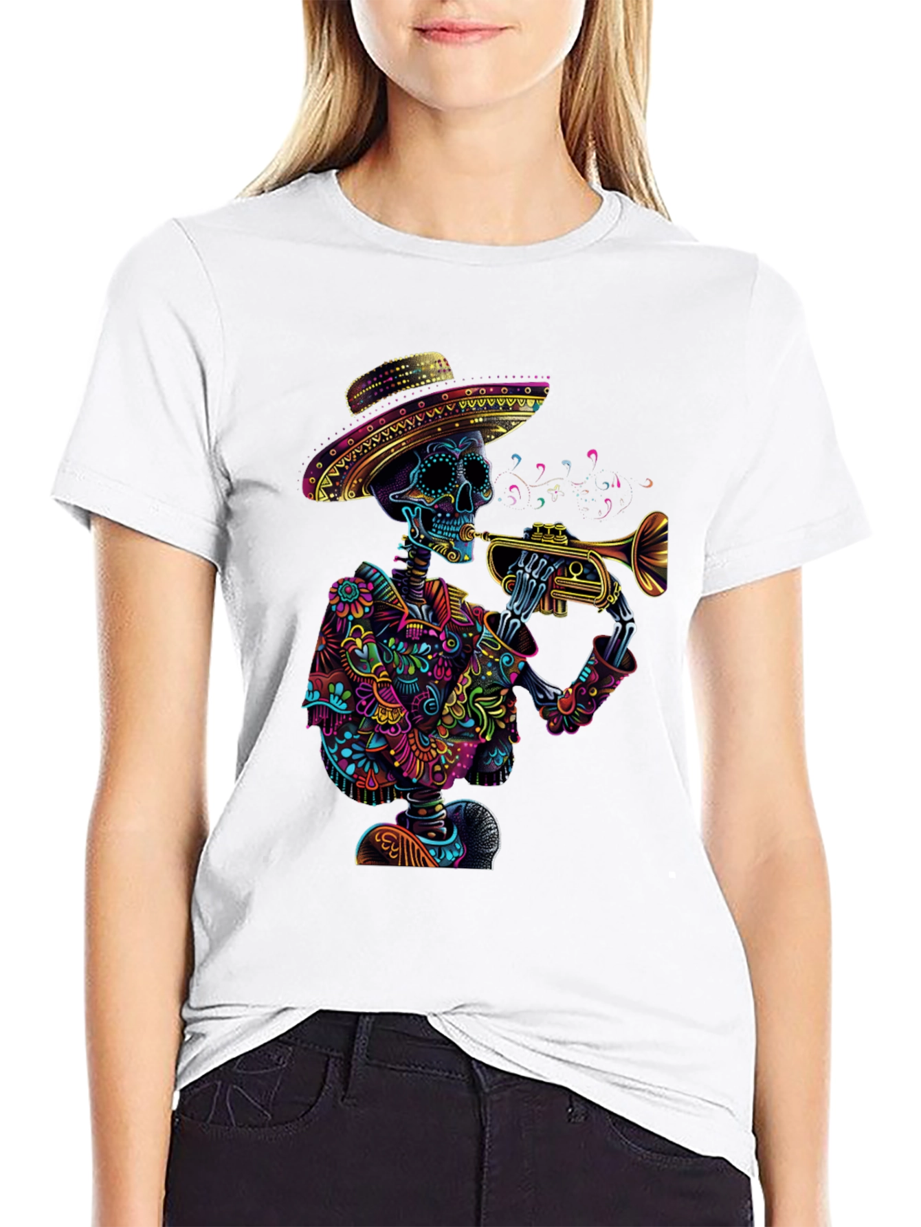 Day of the Dead Skeleton Trumpet Graphic Tee