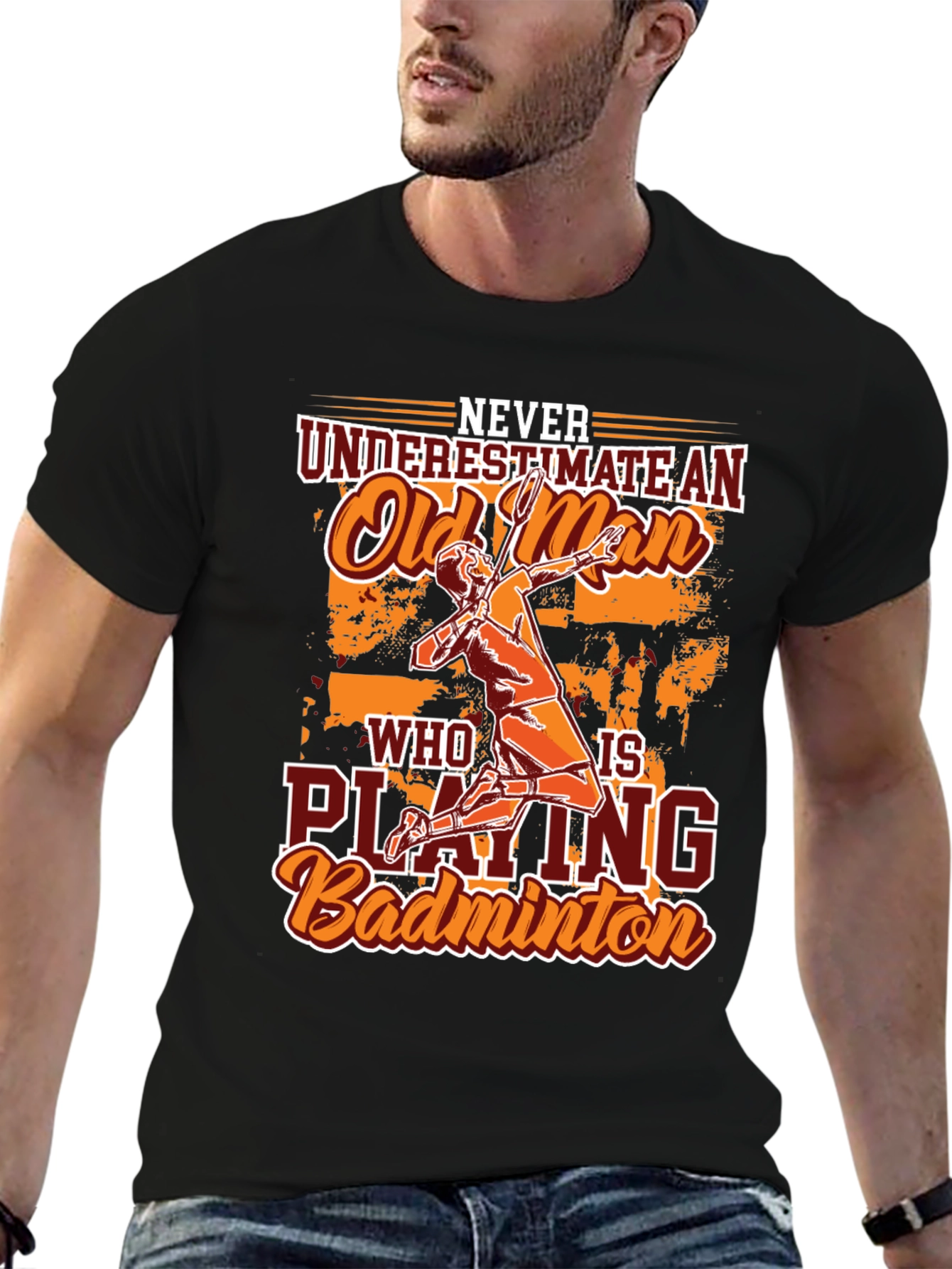 Funny Badminton Old Man Graphic T-Shirt