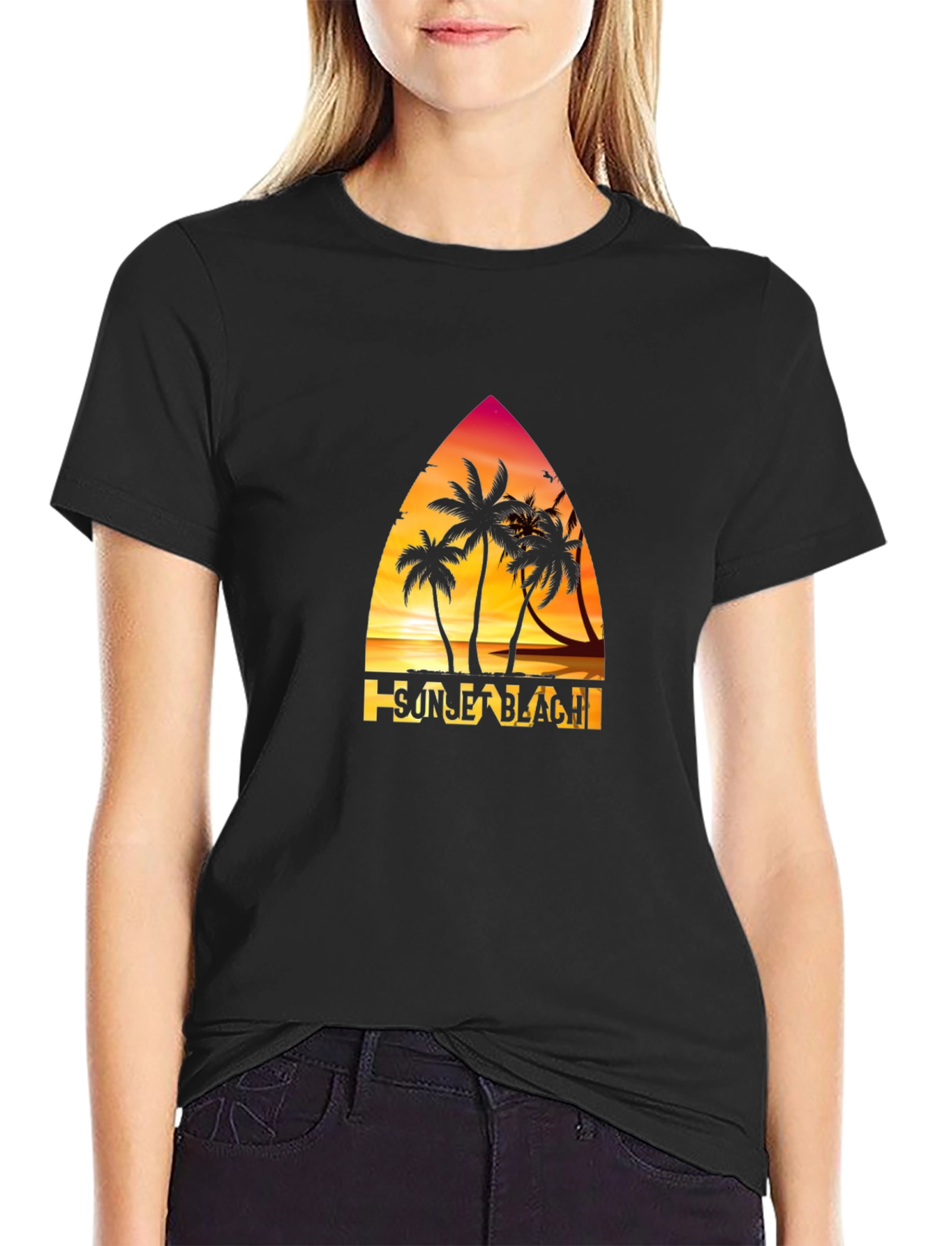Sunset Beach Graphic T-Shirt Palm Tree Design