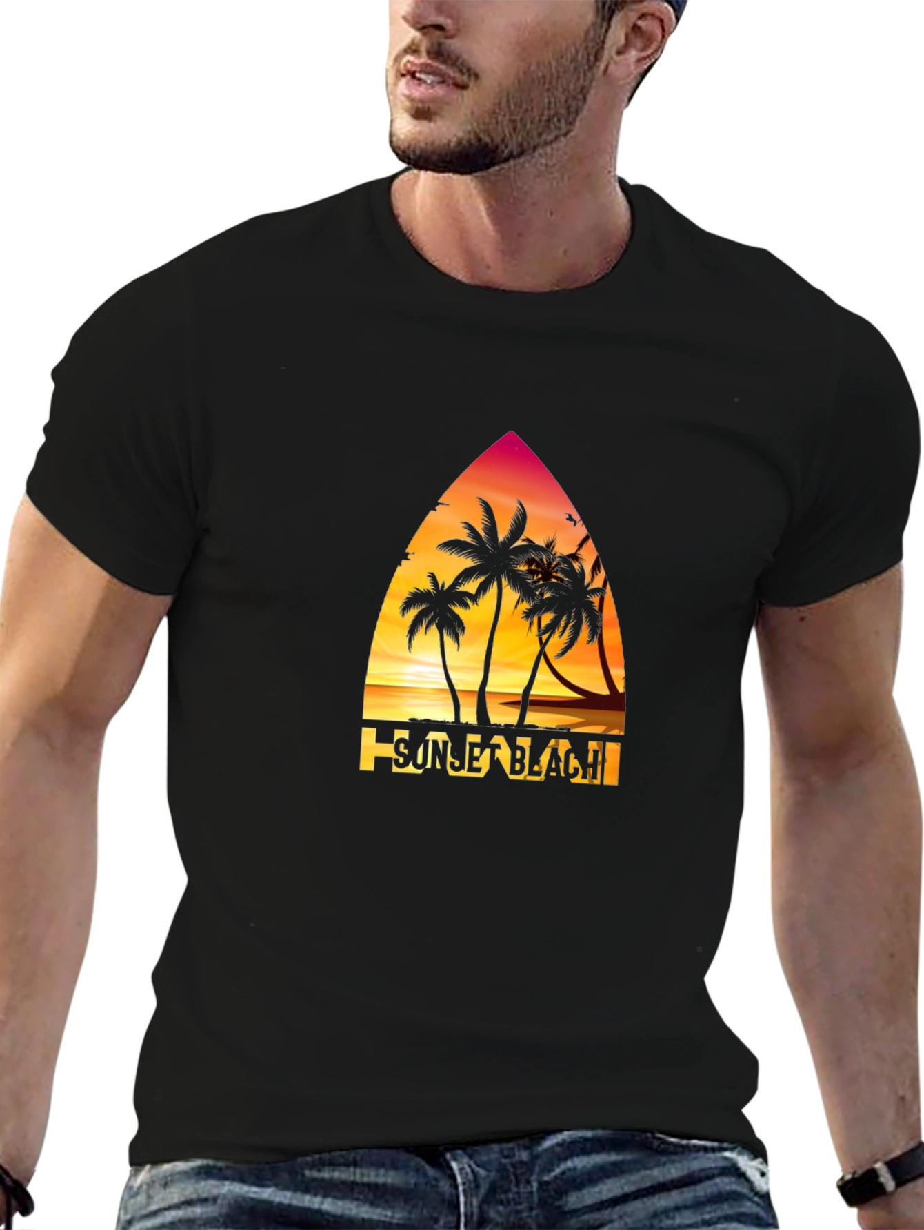 Sunset Beach Graphic T-Shirt Palm Tree Design