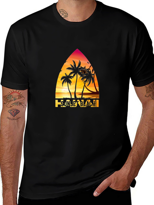 Sunset Beach Graphic T-Shirt Palm Tree Design