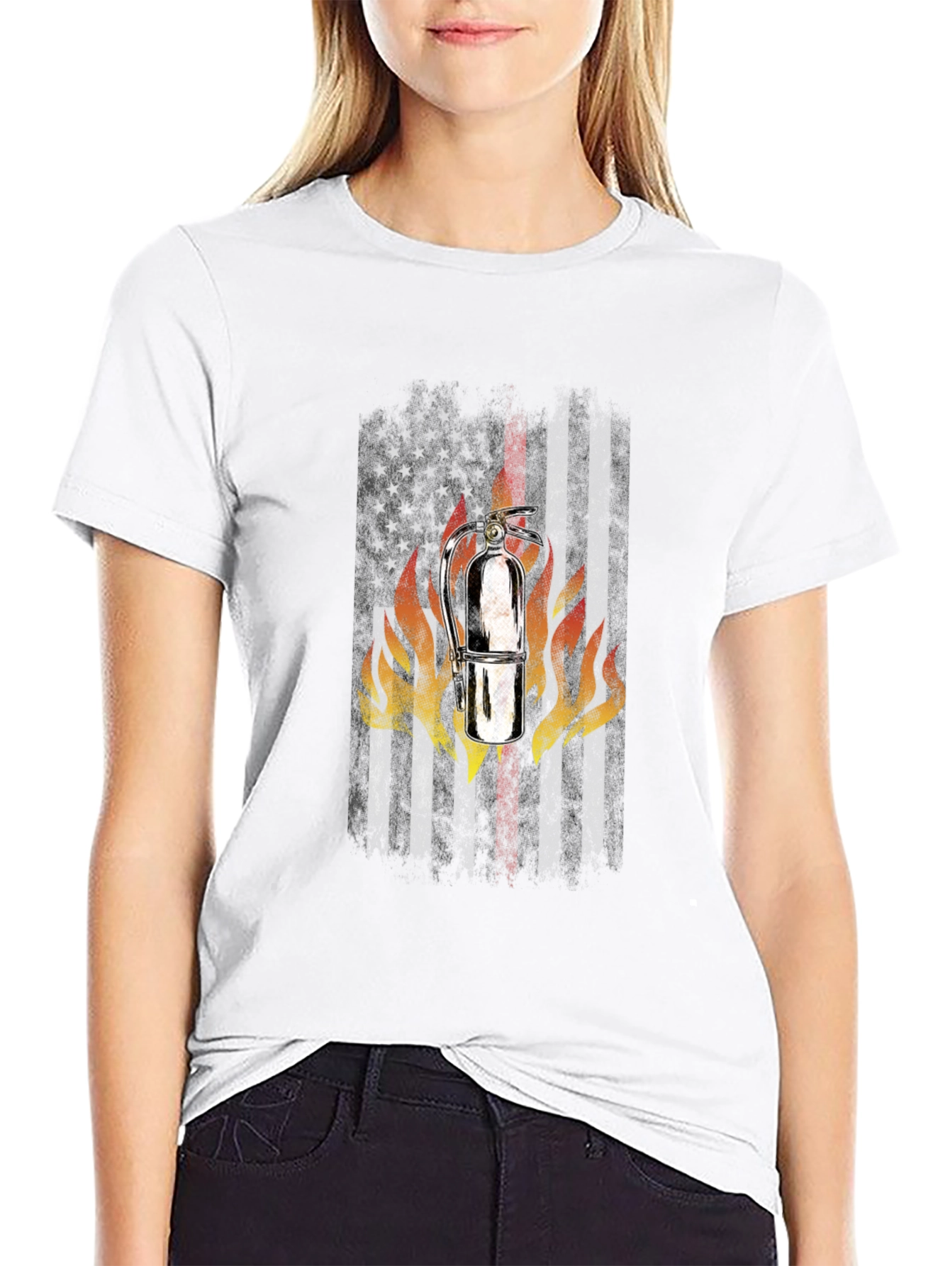Firefighter American Flag Fire Extinguisher Graphic T-Shirt