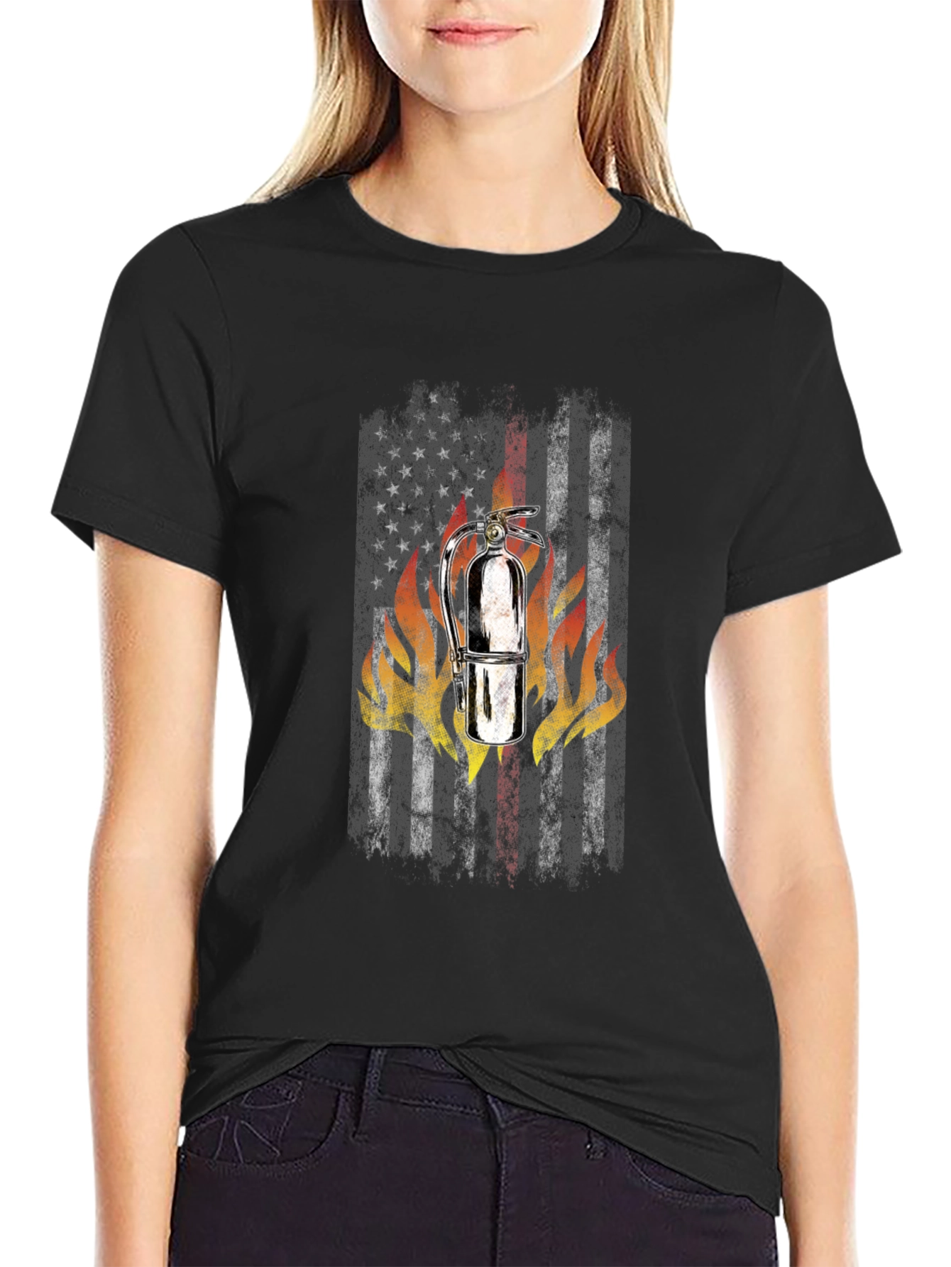 Firefighter American Flag Fire Extinguisher Graphic T-Shirt
