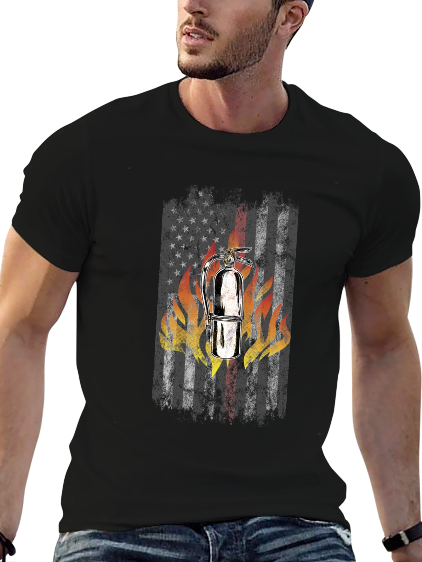 Firefighter American Flag Fire Extinguisher Graphic T-Shirt