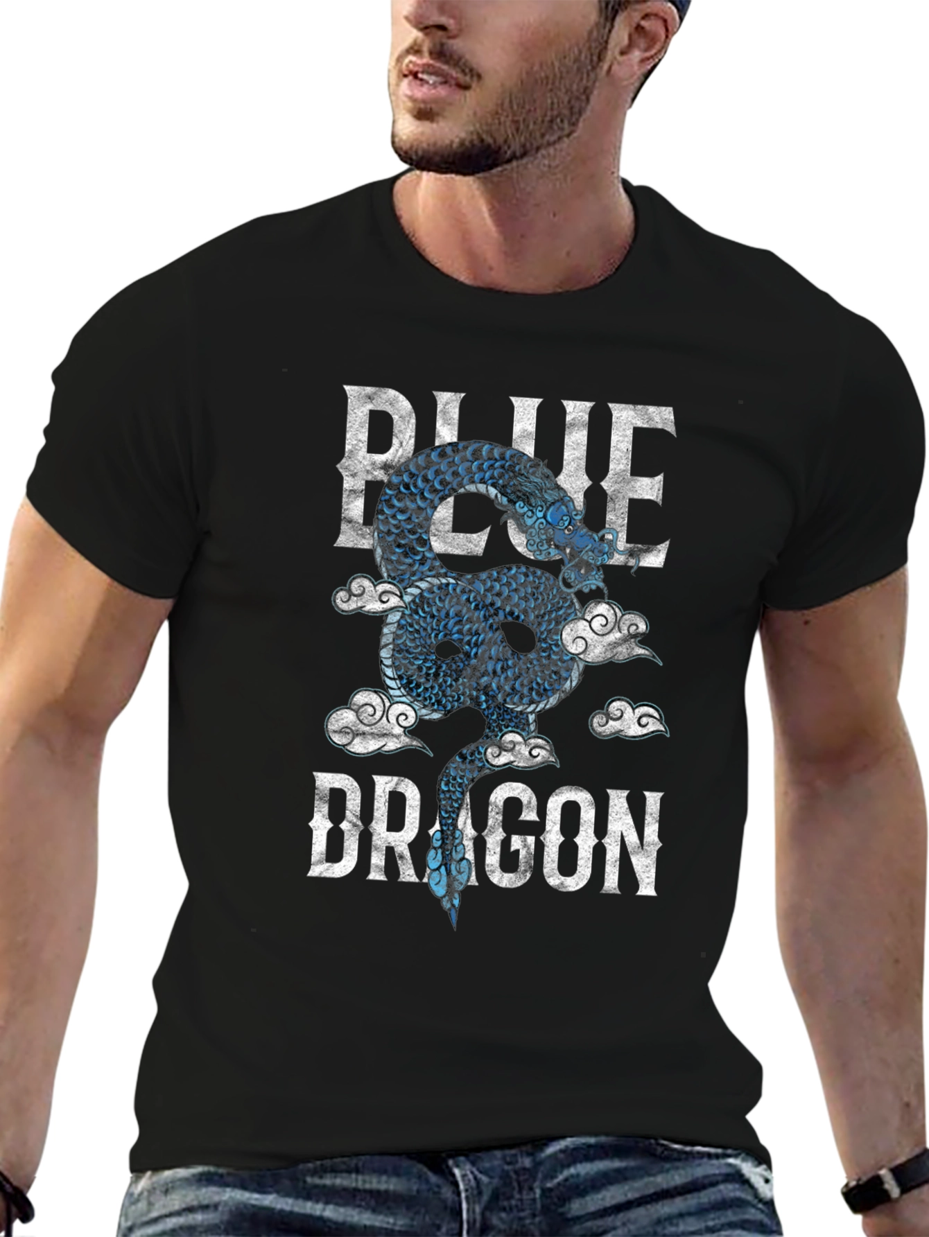 Blue Dragon Graphic Tee - Mens Black Cotton T-Shirt
