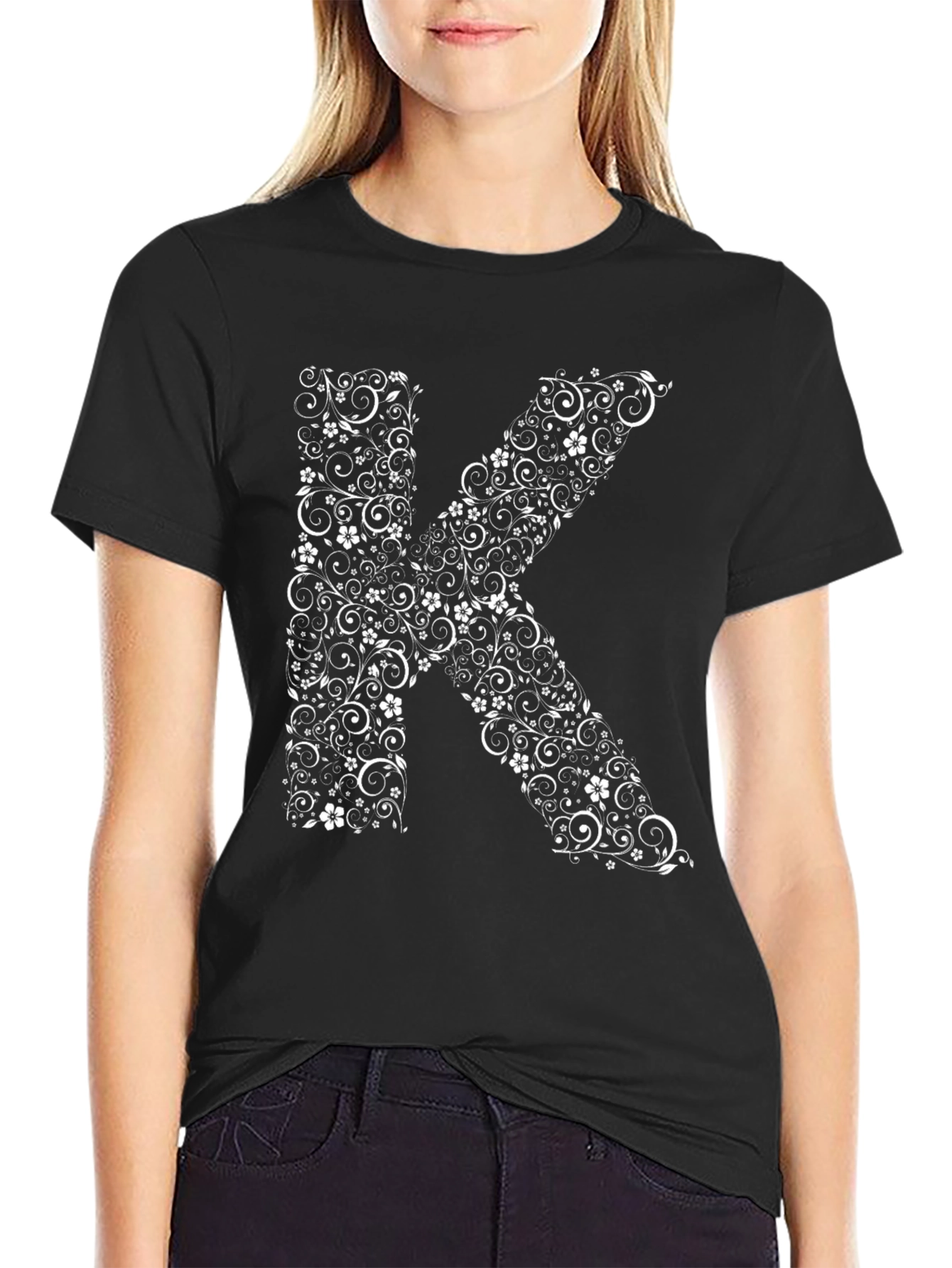 Floral Letter K Black T-Shirt