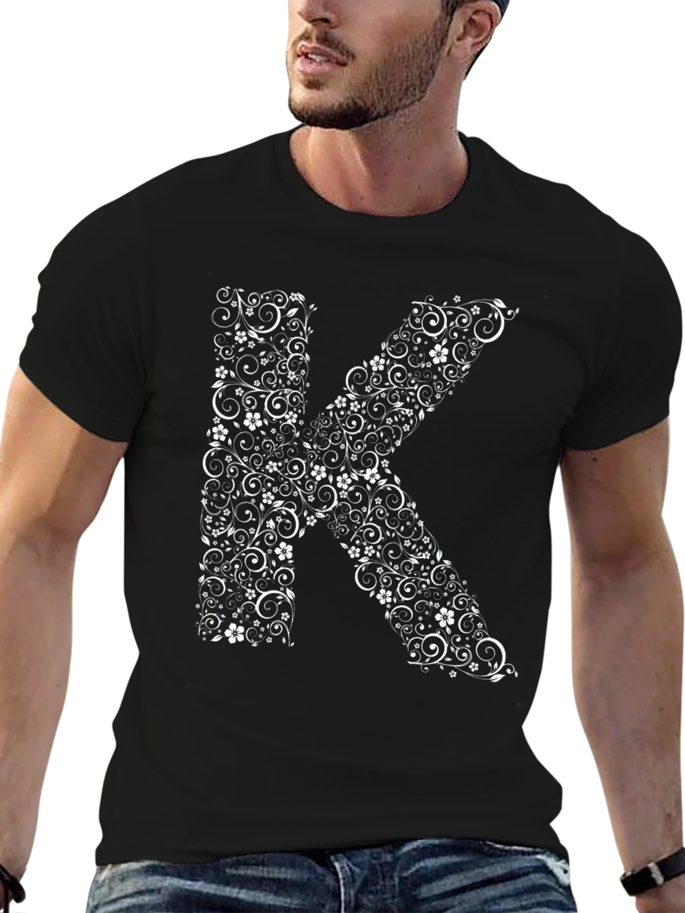 Floral Letter K Black T-Shirt