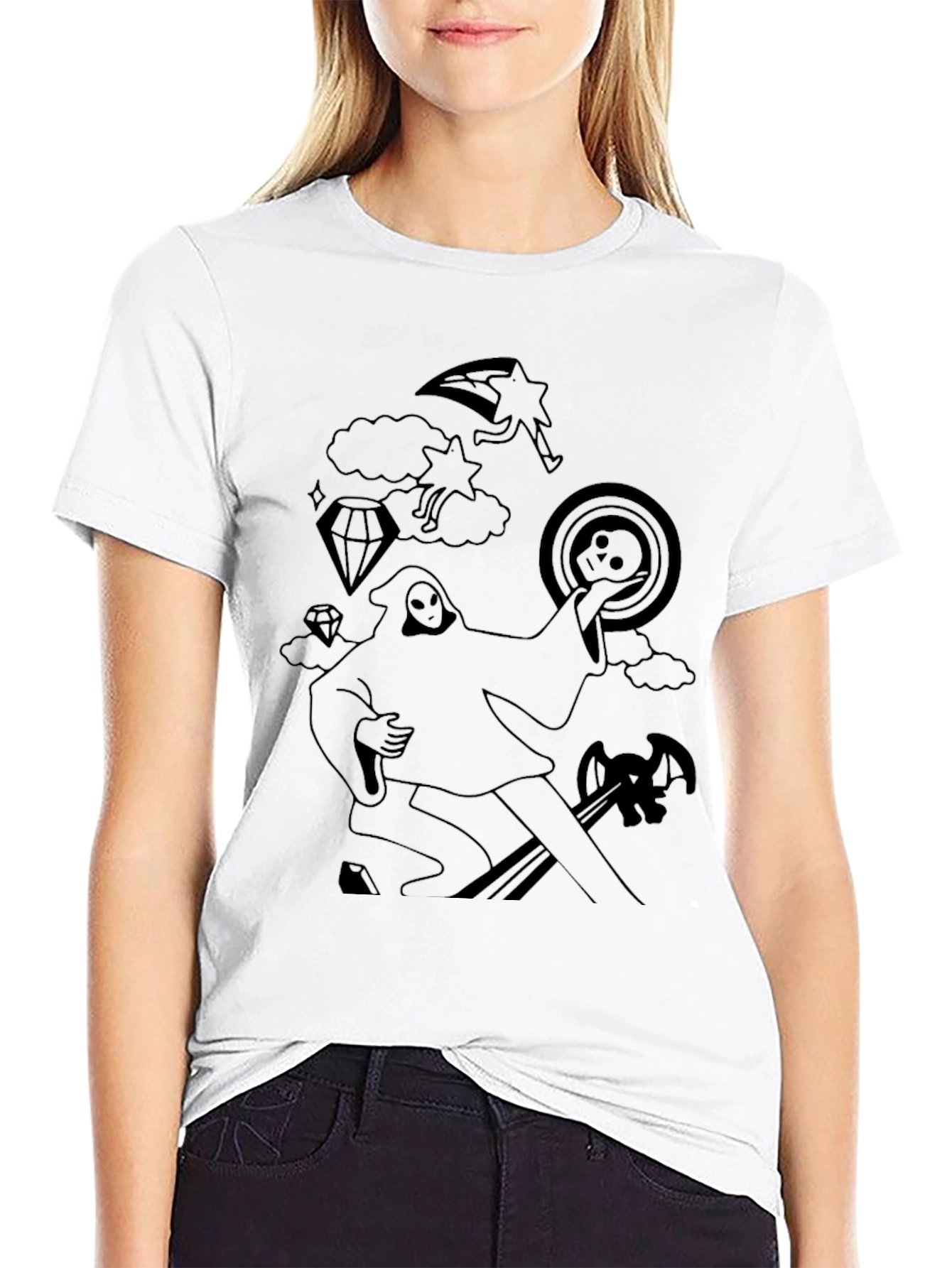 Black Graphic Tee - Death Tarot Cartoon