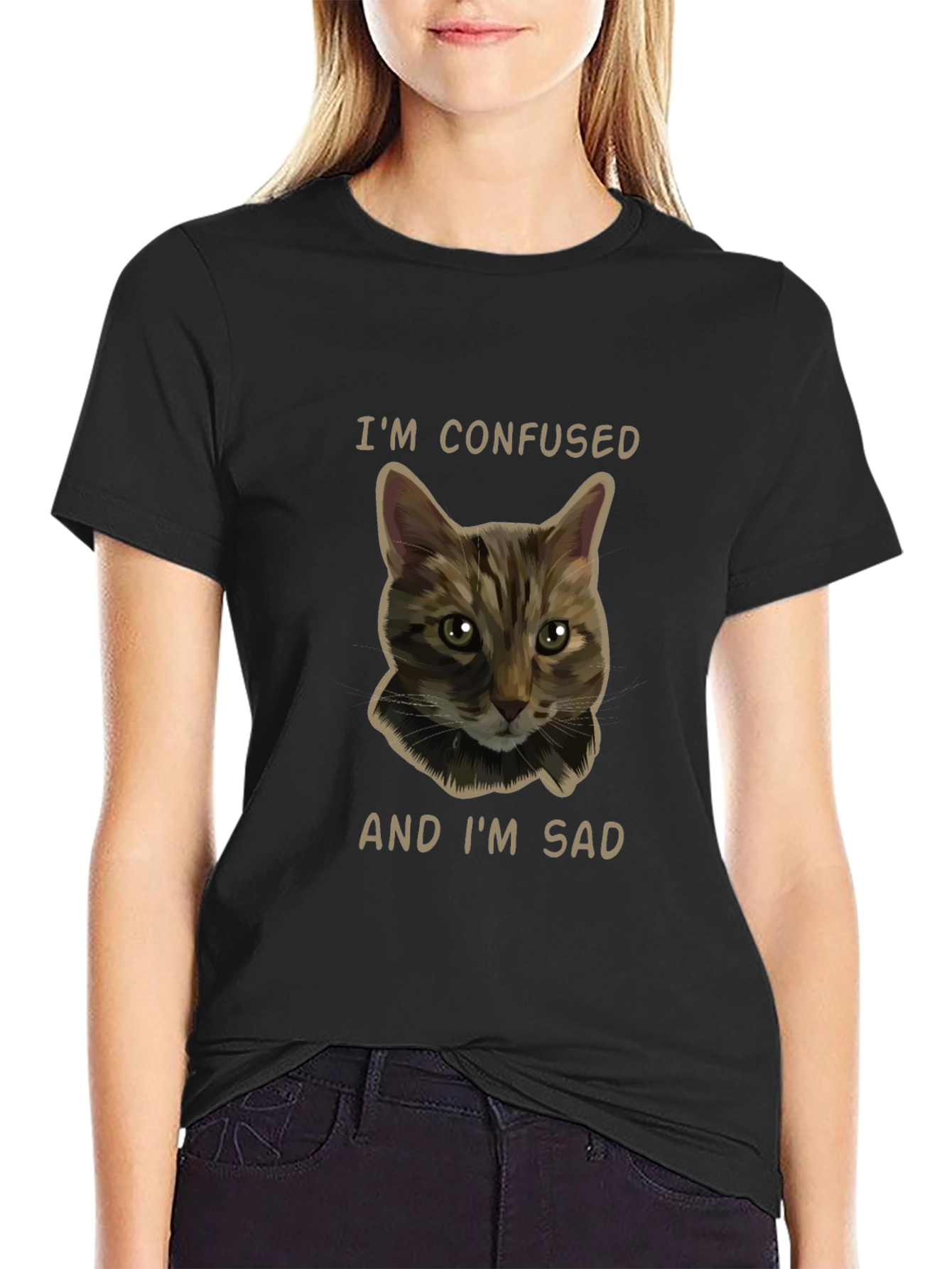 Confused Cat Graphic Tee - Unisex Black T-Shirt