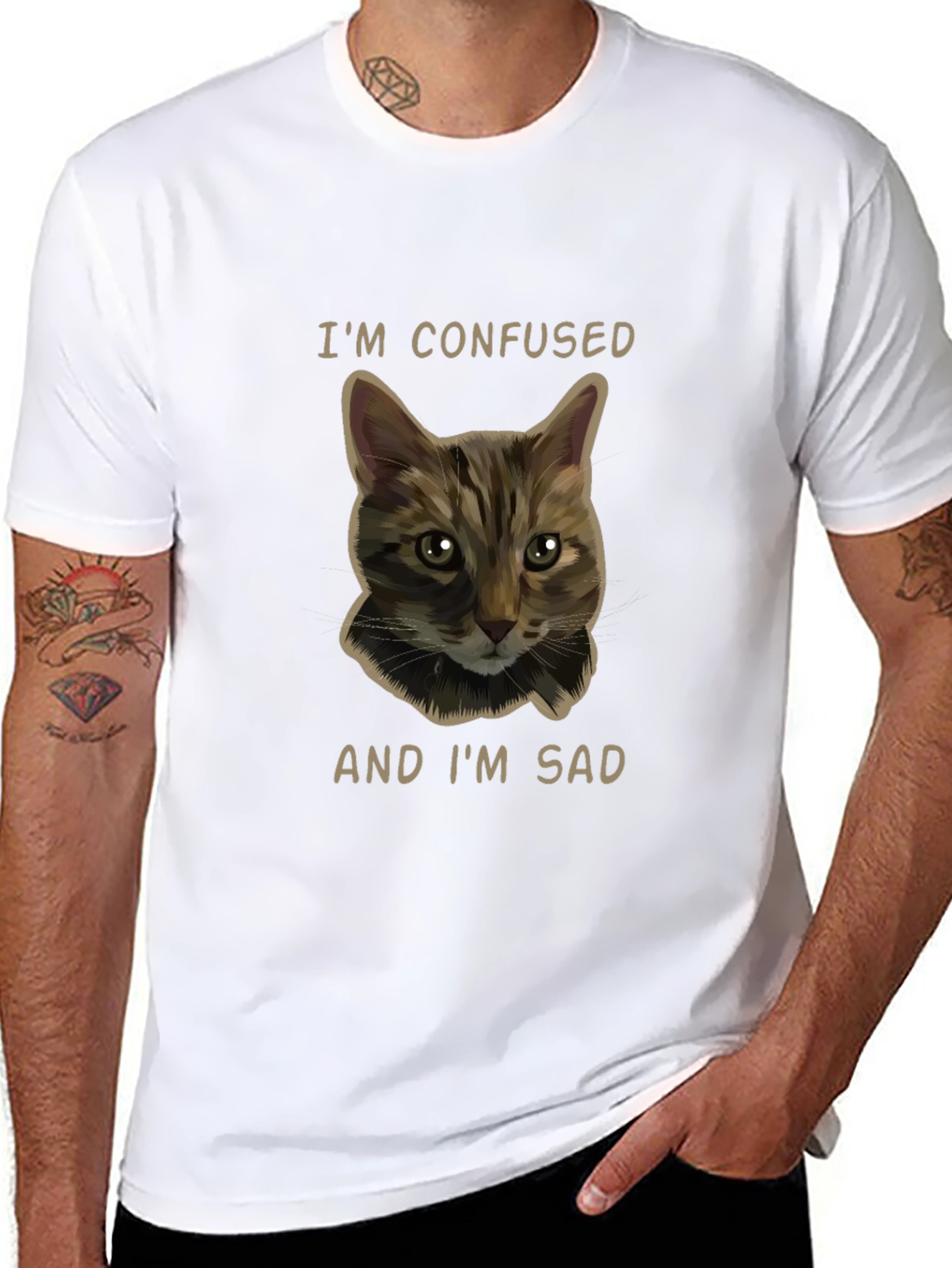 Confused Cat Graphic Tee - Unisex Black T-Shirt