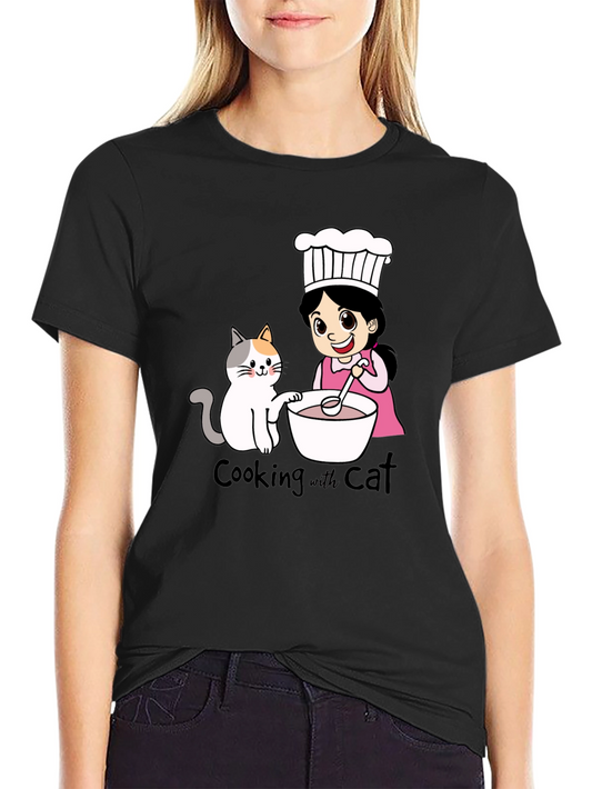 Cooking with Cat T-Shirt Cute Cartoon Design Tee