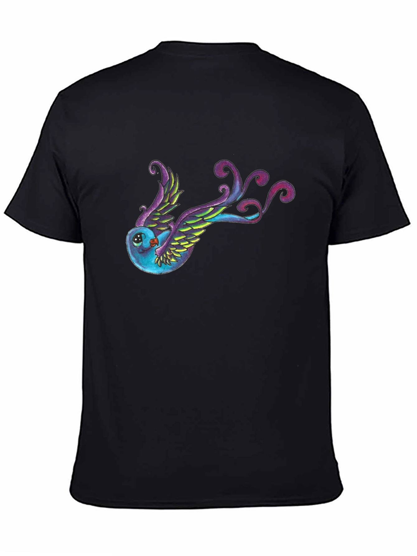Whimsical Bird Graphic Tee - Black Cotton Blend