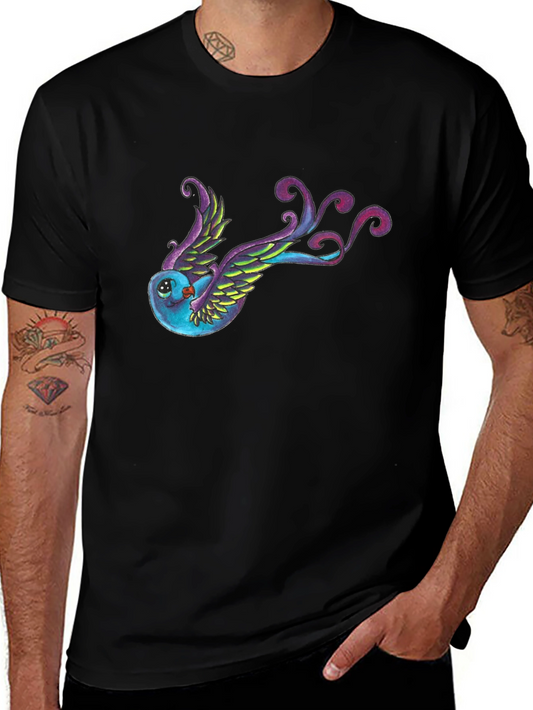 Whimsical Bird Graphic Tee - Black Cotton Blend