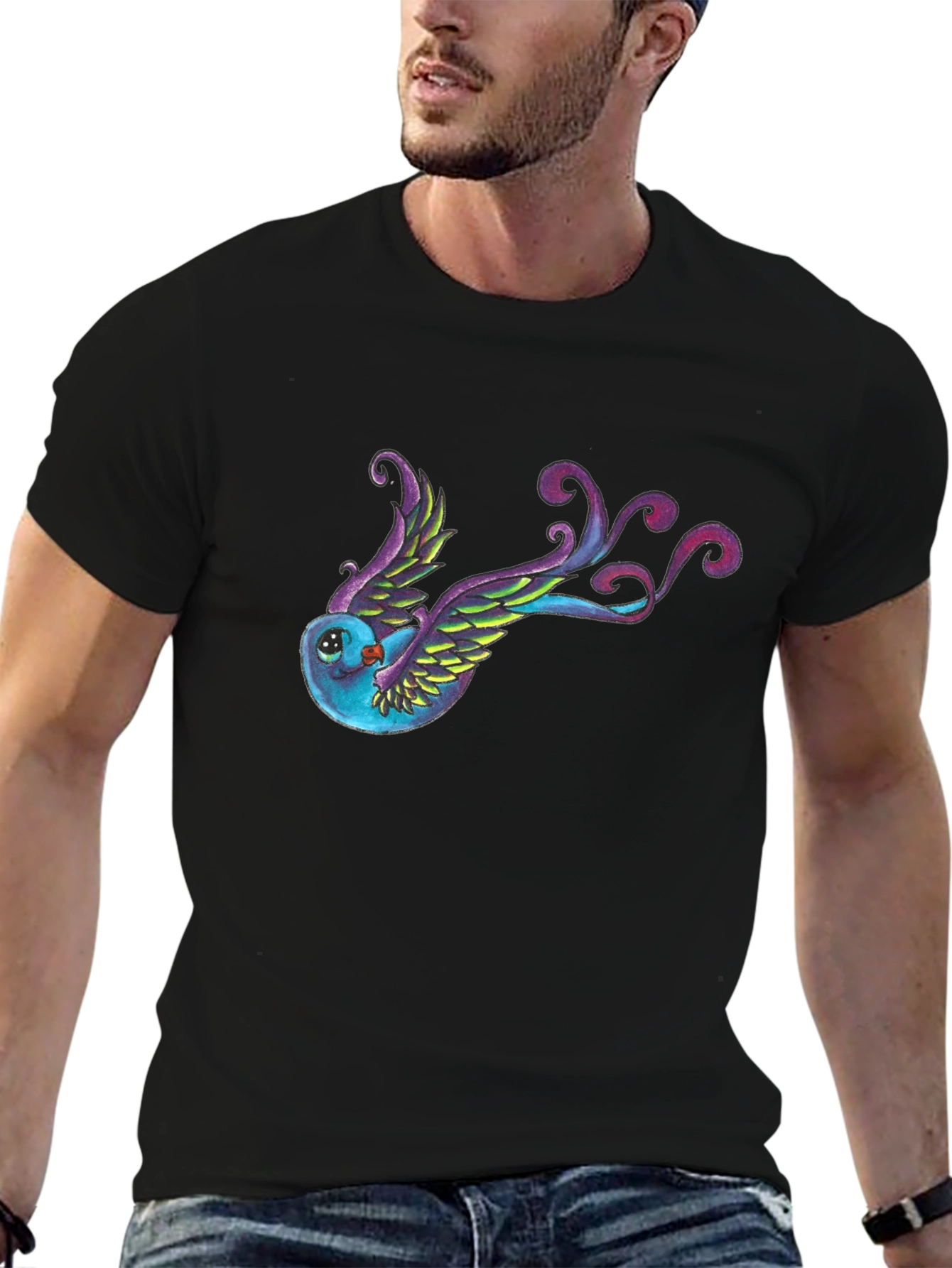 Whimsical Bird Graphic Tee - Black Cotton Blend