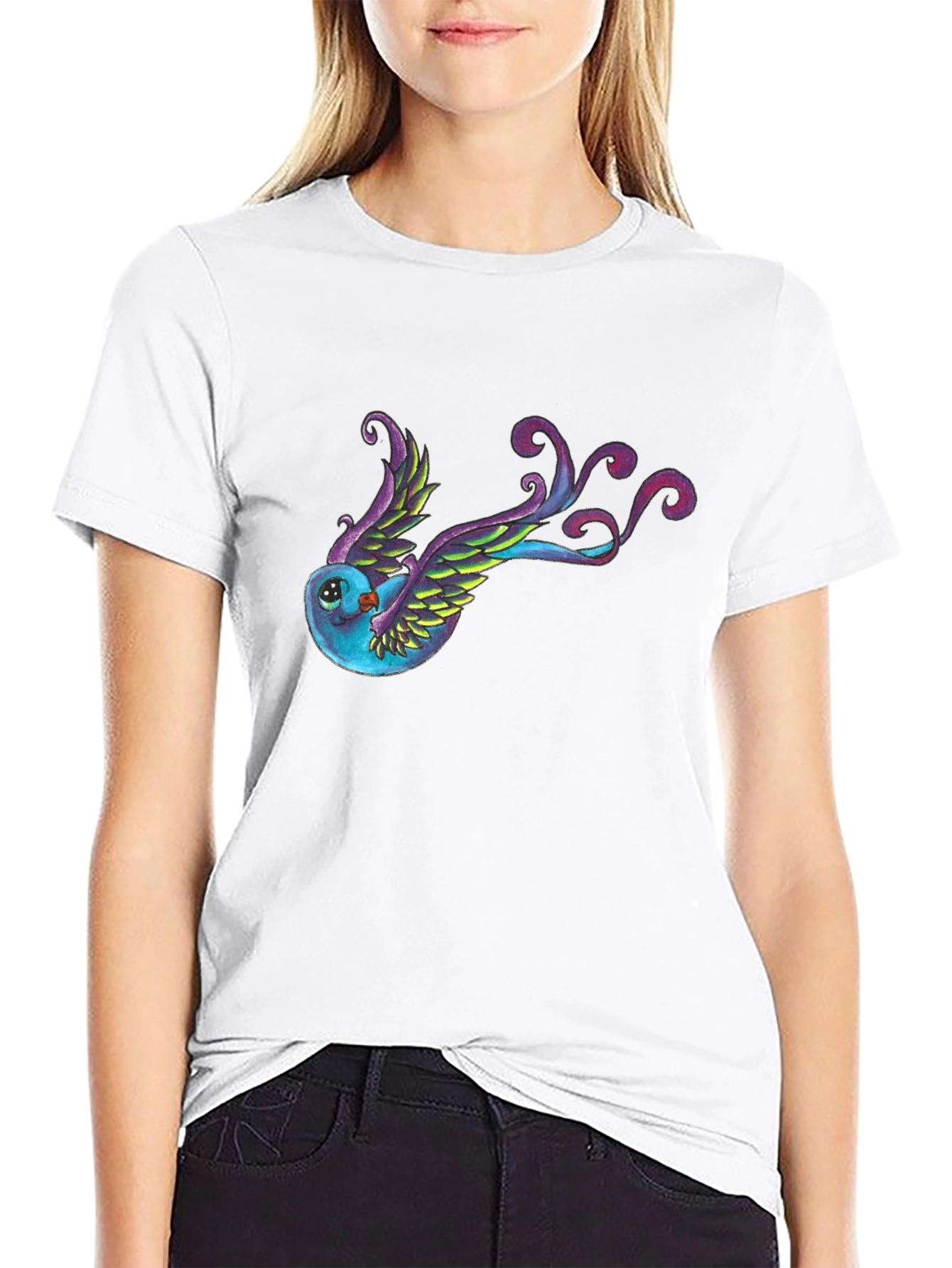 Whimsical Bird Graphic Tee - Black Cotton Blend