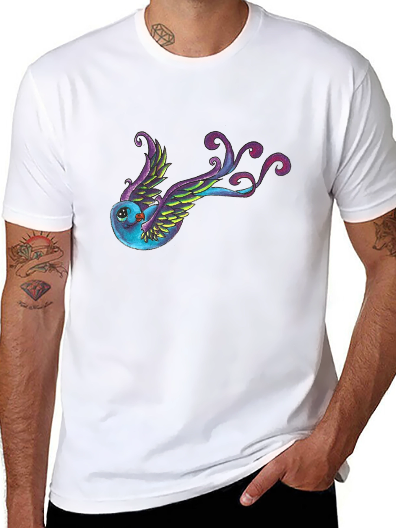 Whimsical Bird Graphic Tee - Black Cotton Blend
