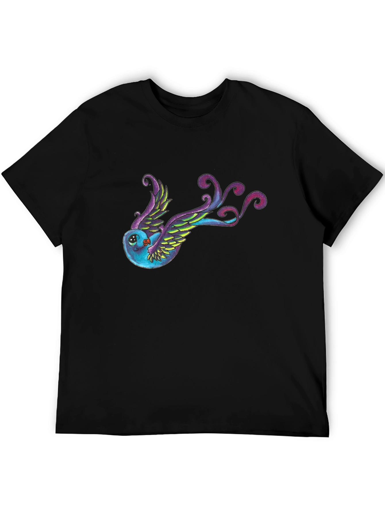 Whimsical Bird Graphic Tee - Black Cotton Blend