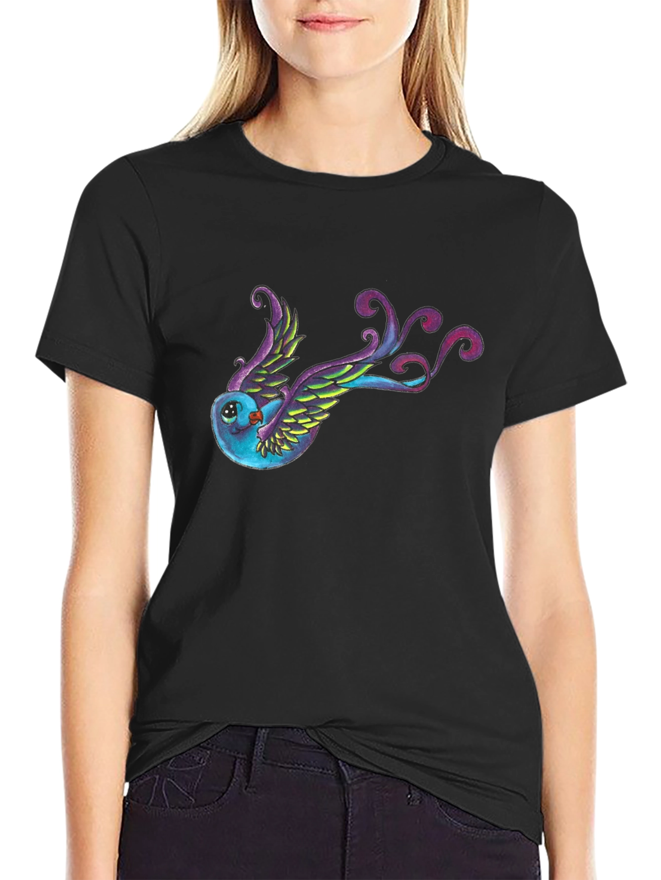 Whimsical Bird Graphic Tee - Black Cotton Blend