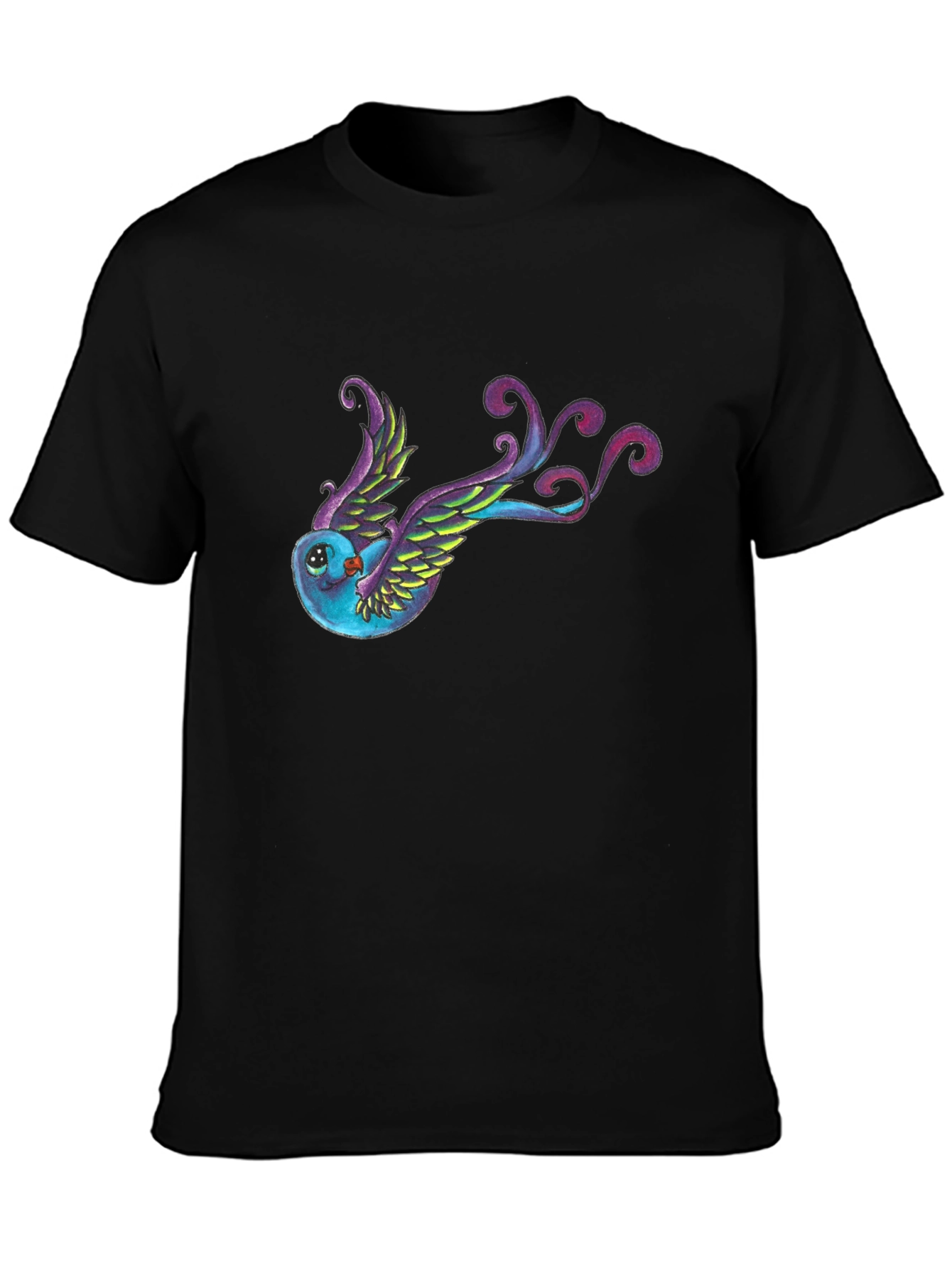 Whimsical Bird Graphic Tee - Black Cotton Blend
