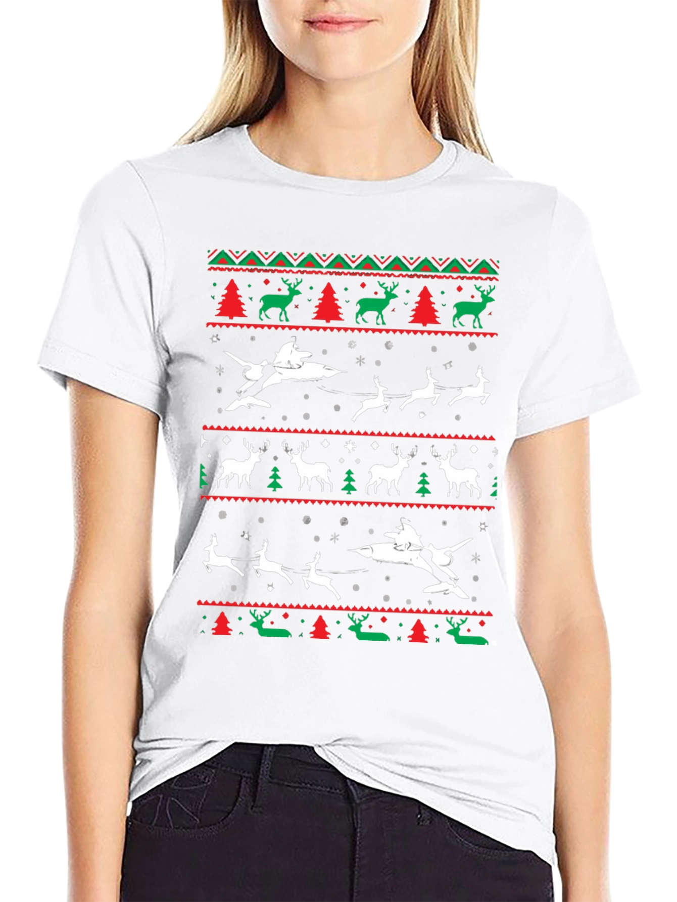 Festive Christmas Airplane & Reindeer Novelty T-Shirt