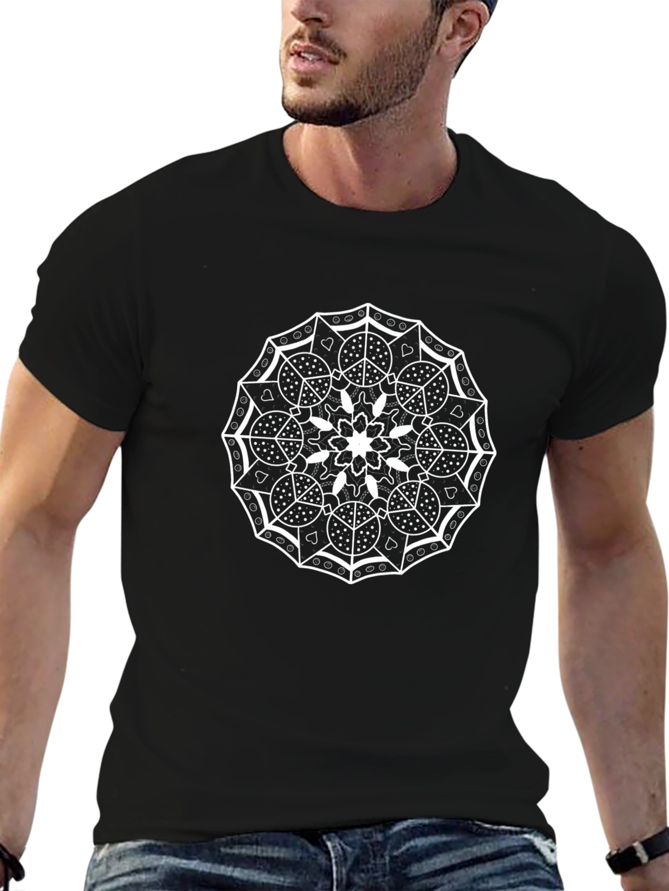 Black T-Shirt with White Mandala Design