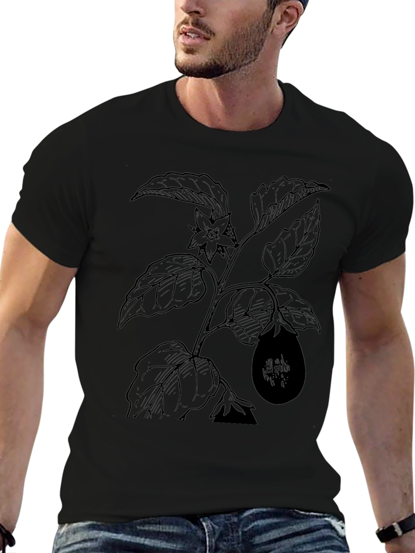 Botanical Eggplant Print Black T-Shirt