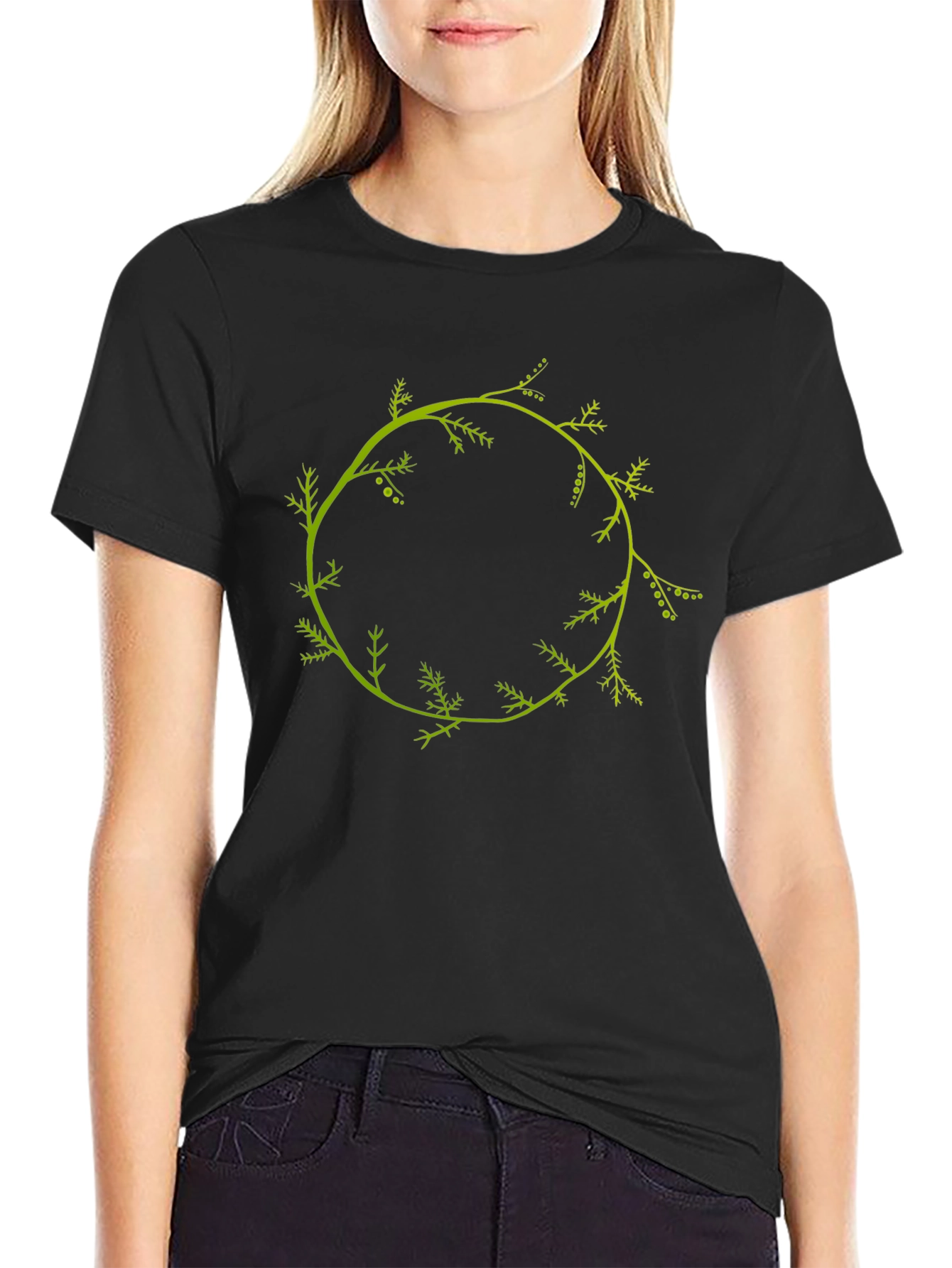 Nature Wreath Graphic Tee - Stylish Black Cotton T-Shirt