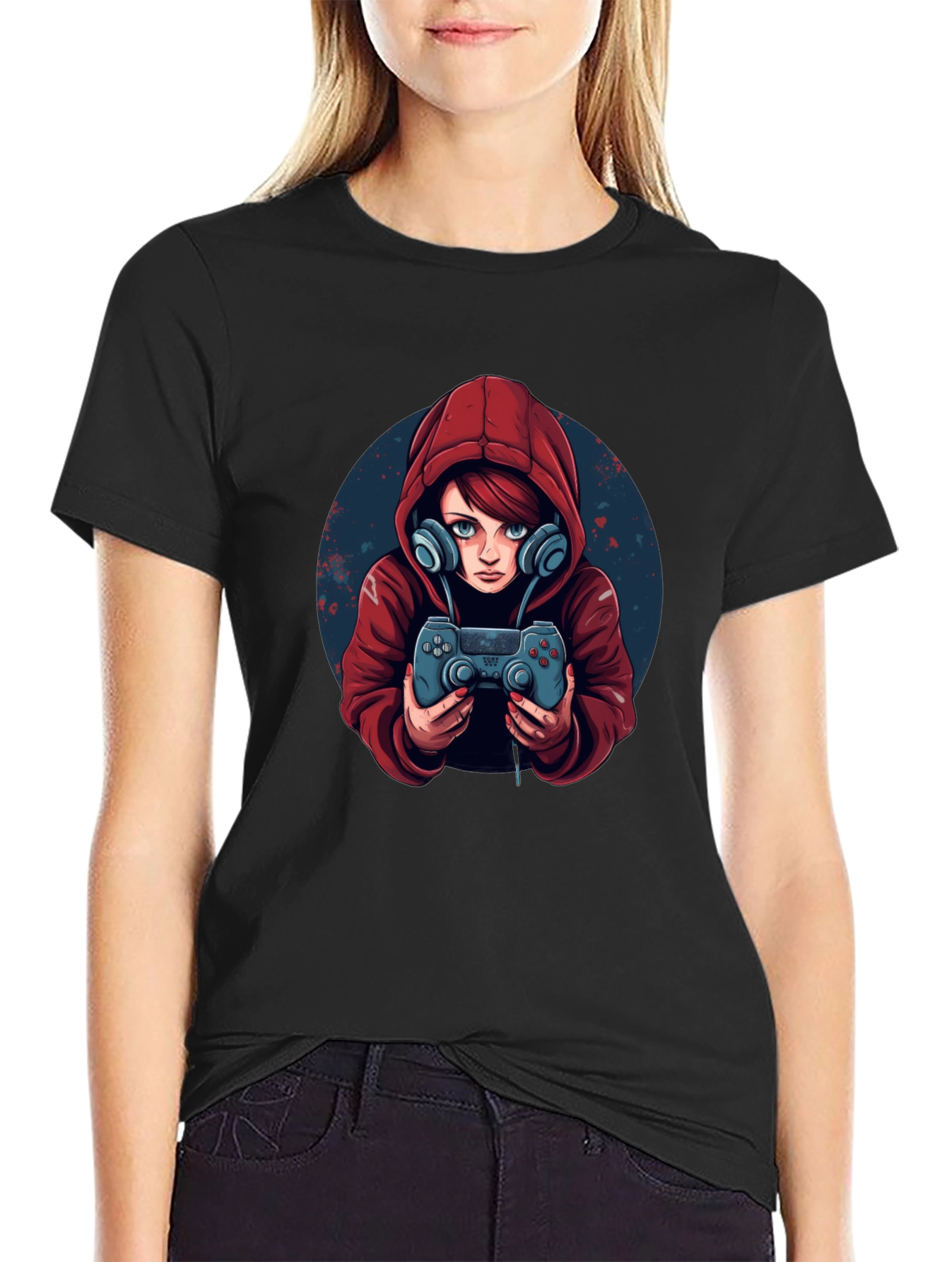 Gamer Girl Graphic Tee - Black Cotton Blend