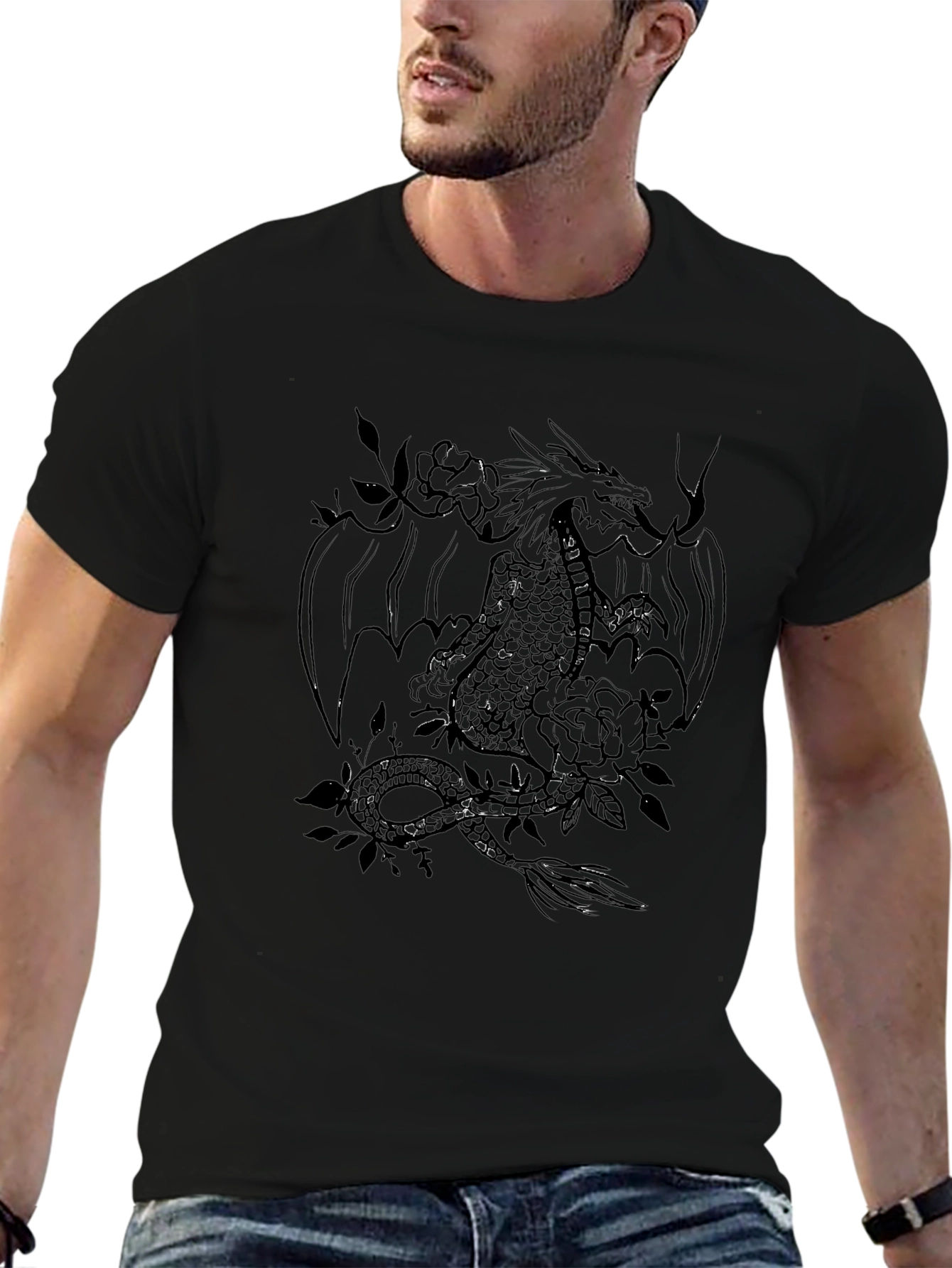 Dragon and Roses Graphic Tee - Black Cotton Blend