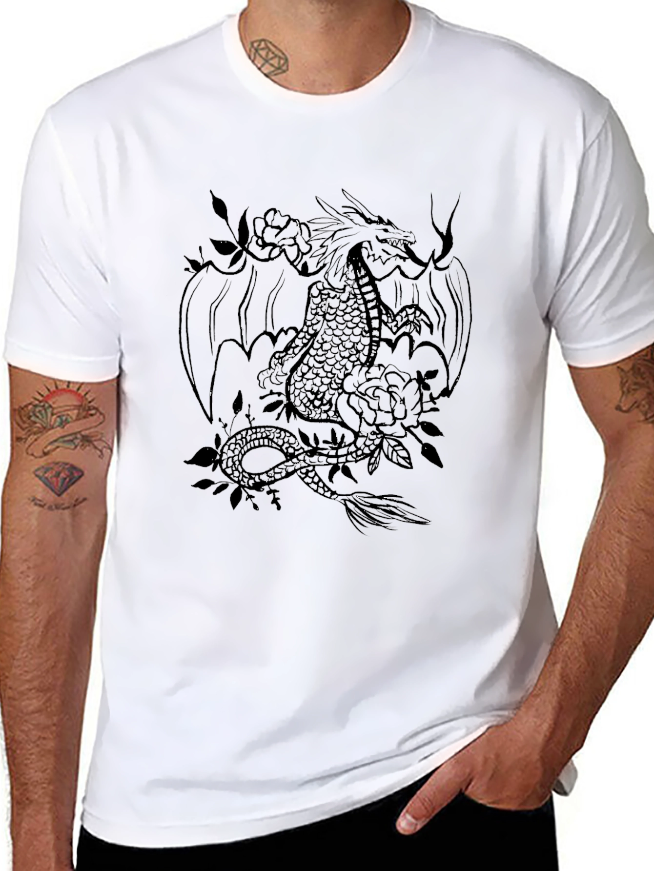 Dragon and Roses Graphic Tee - Black Cotton Blend