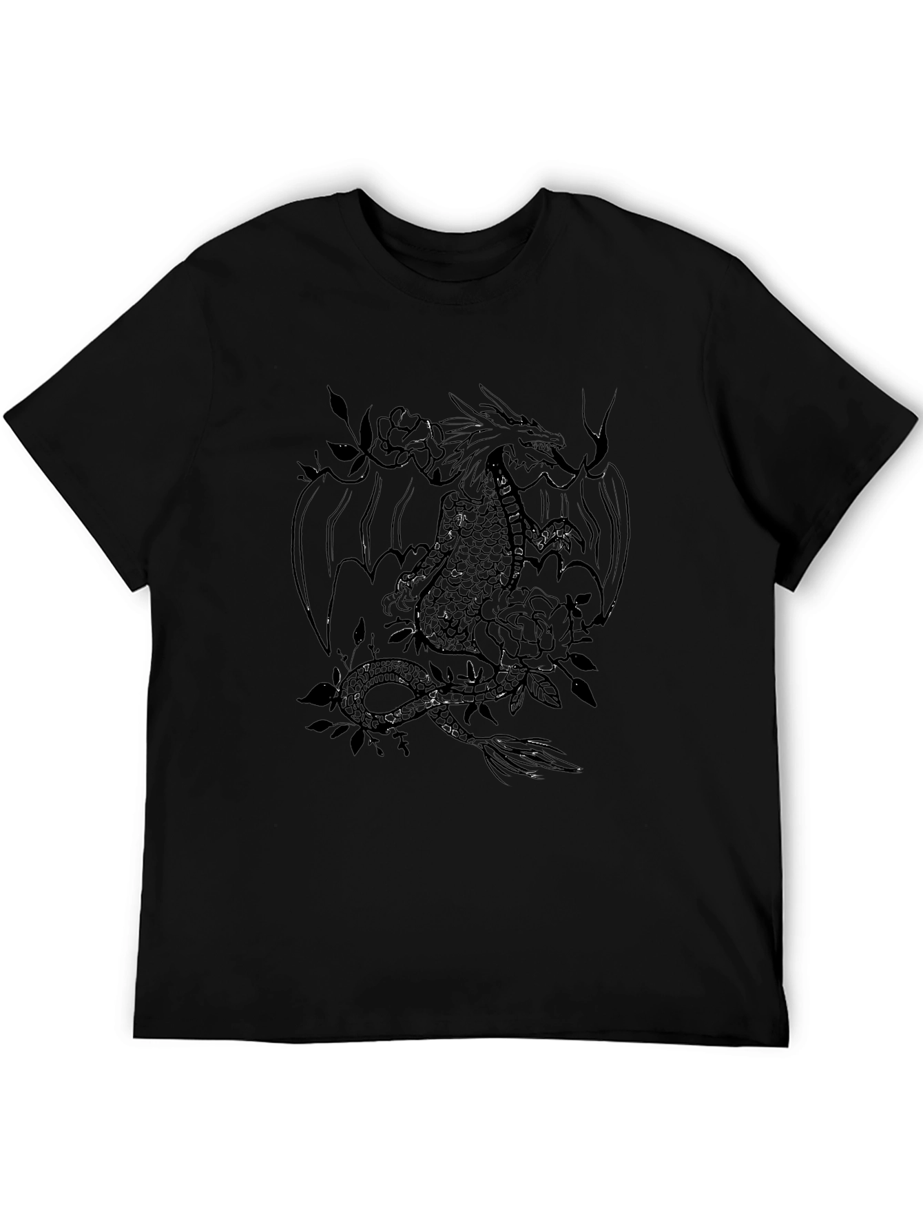 Dragon and Roses Graphic Tee - Black Cotton Blend
