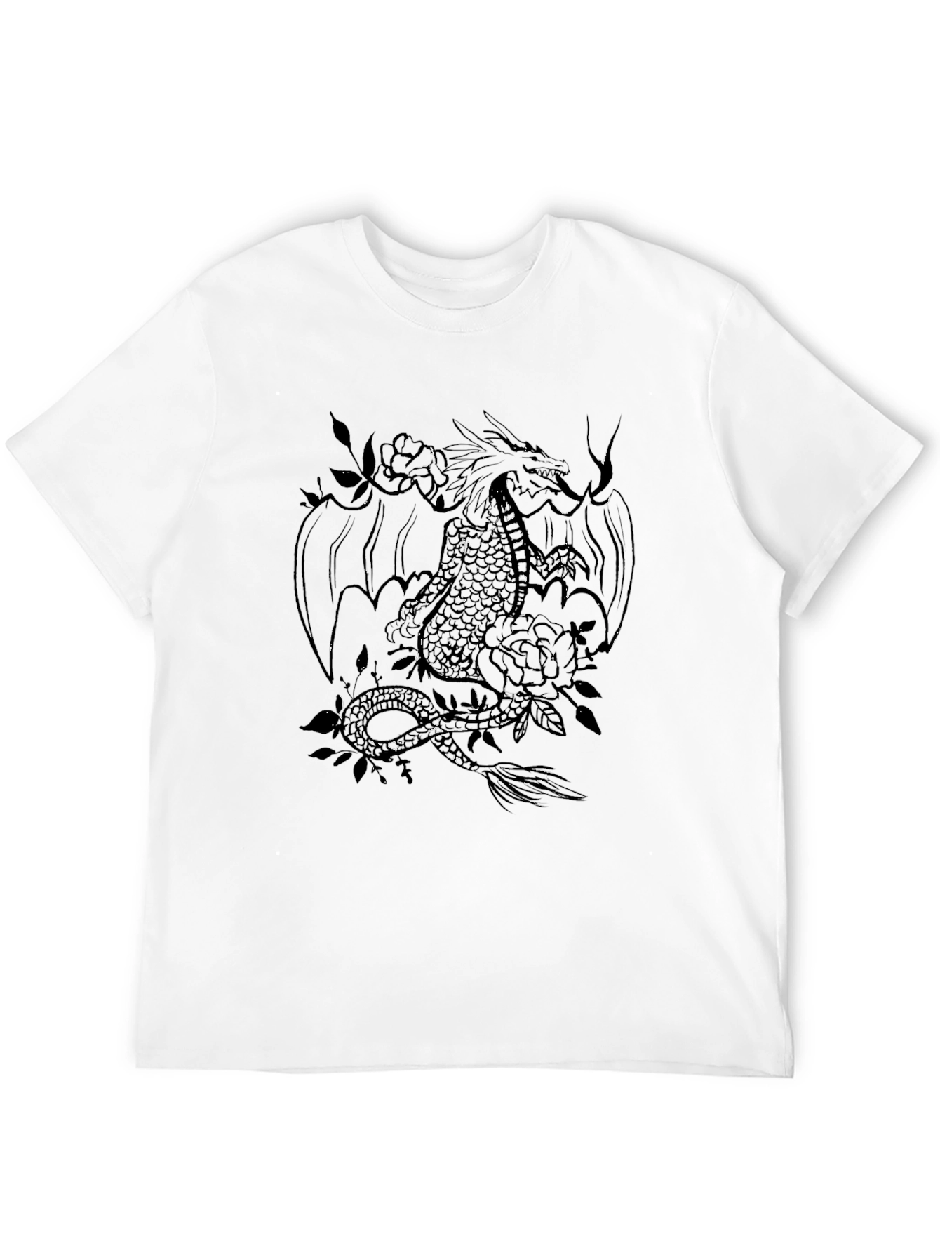 Dragon and Roses Graphic Tee - Black Cotton Blend