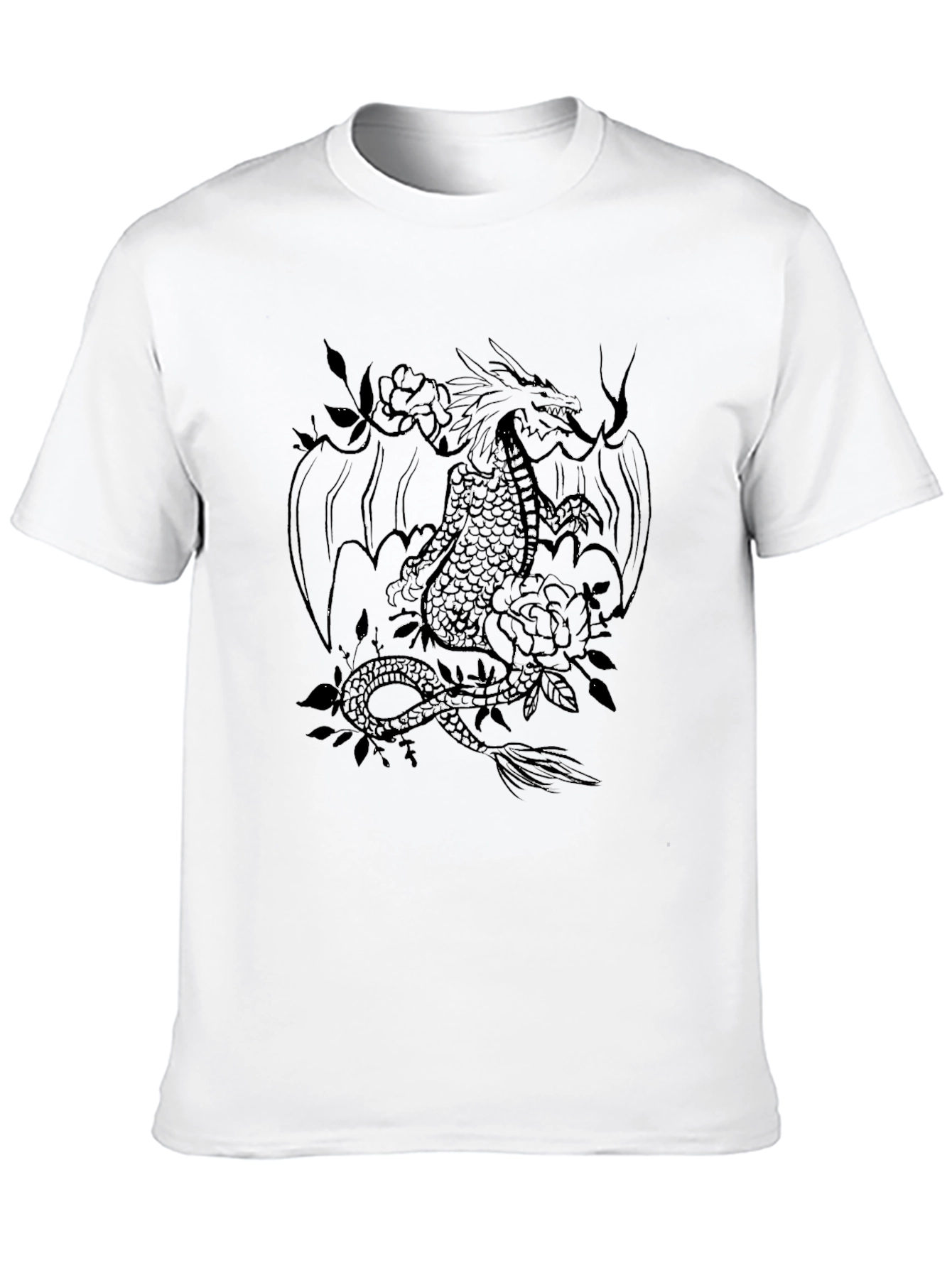 Dragon and Roses Graphic Tee - Black Cotton Blend